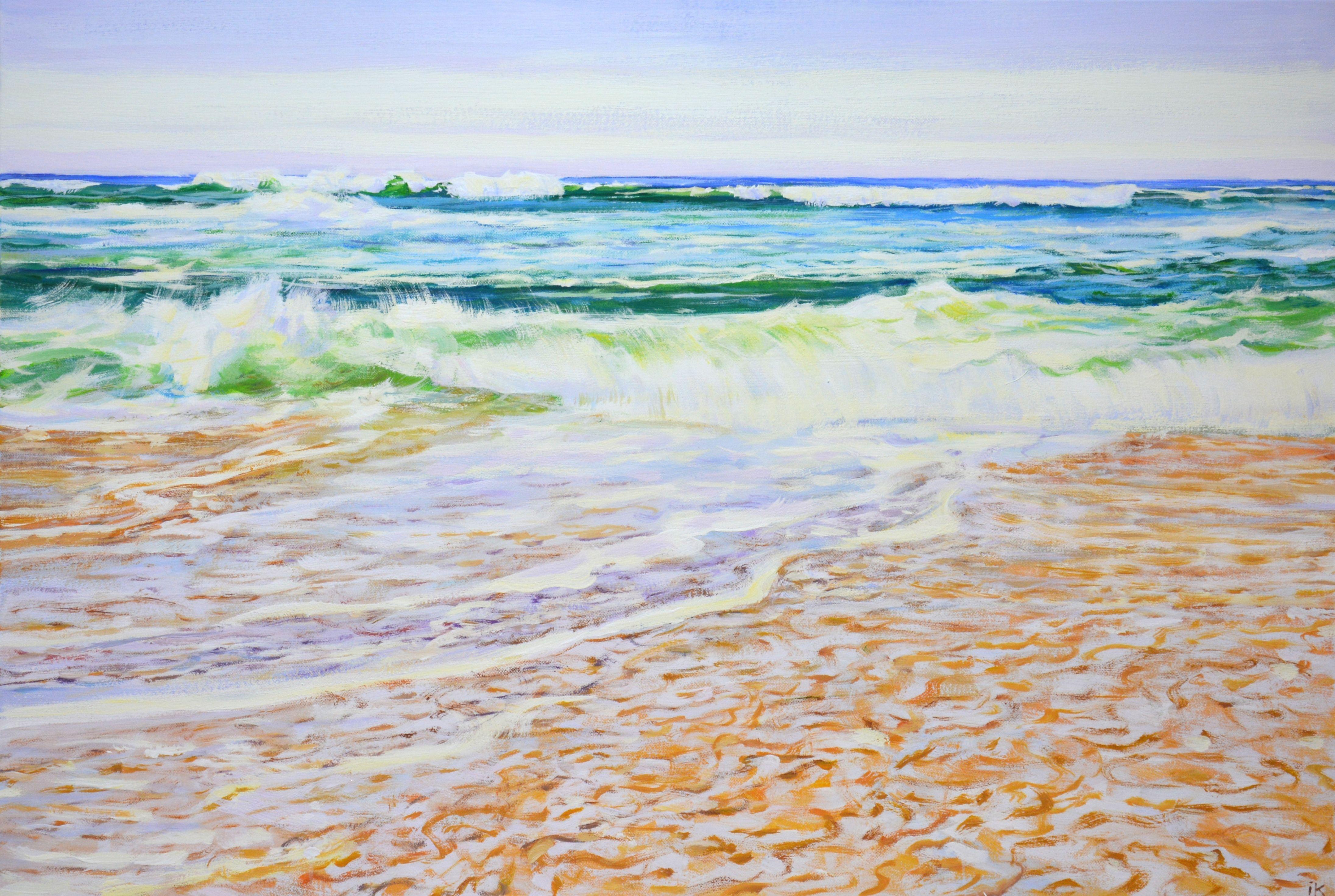 The work Inspiration by the Ocean is written in one go. Nature: seascape, clear sky over the ocean, light reflected from the incoming waves, sea foam create an atmosphere of relaxation. A rich palette of blue, green, golden, white colors emphasizes
