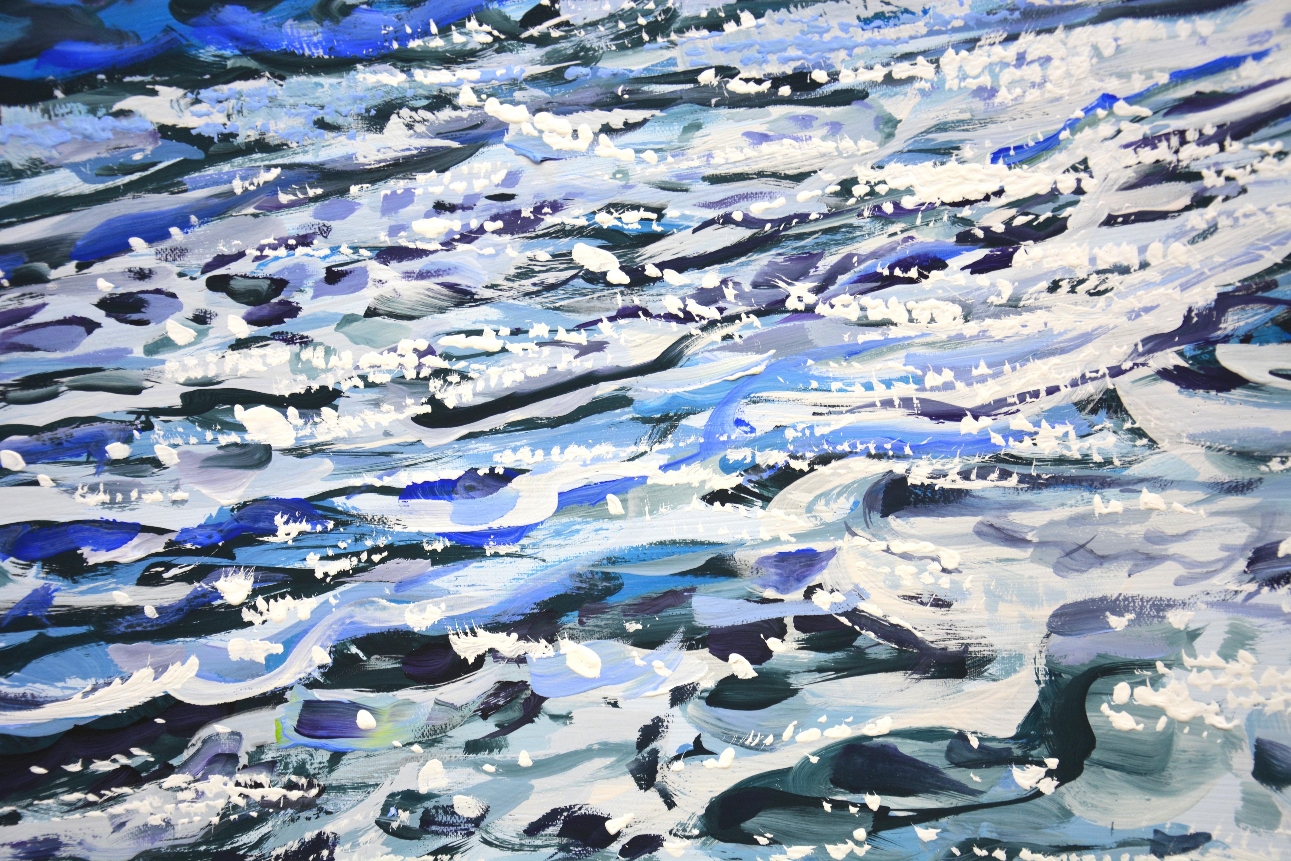 Ocean. Light 100. Summer, seascape: blue water, ocean, shimmering reflections of the sun on the water, clear sky, sea foam, small waves create an atmosphere of relaxation and romance. Made in the style of realism. The silvery-white palette