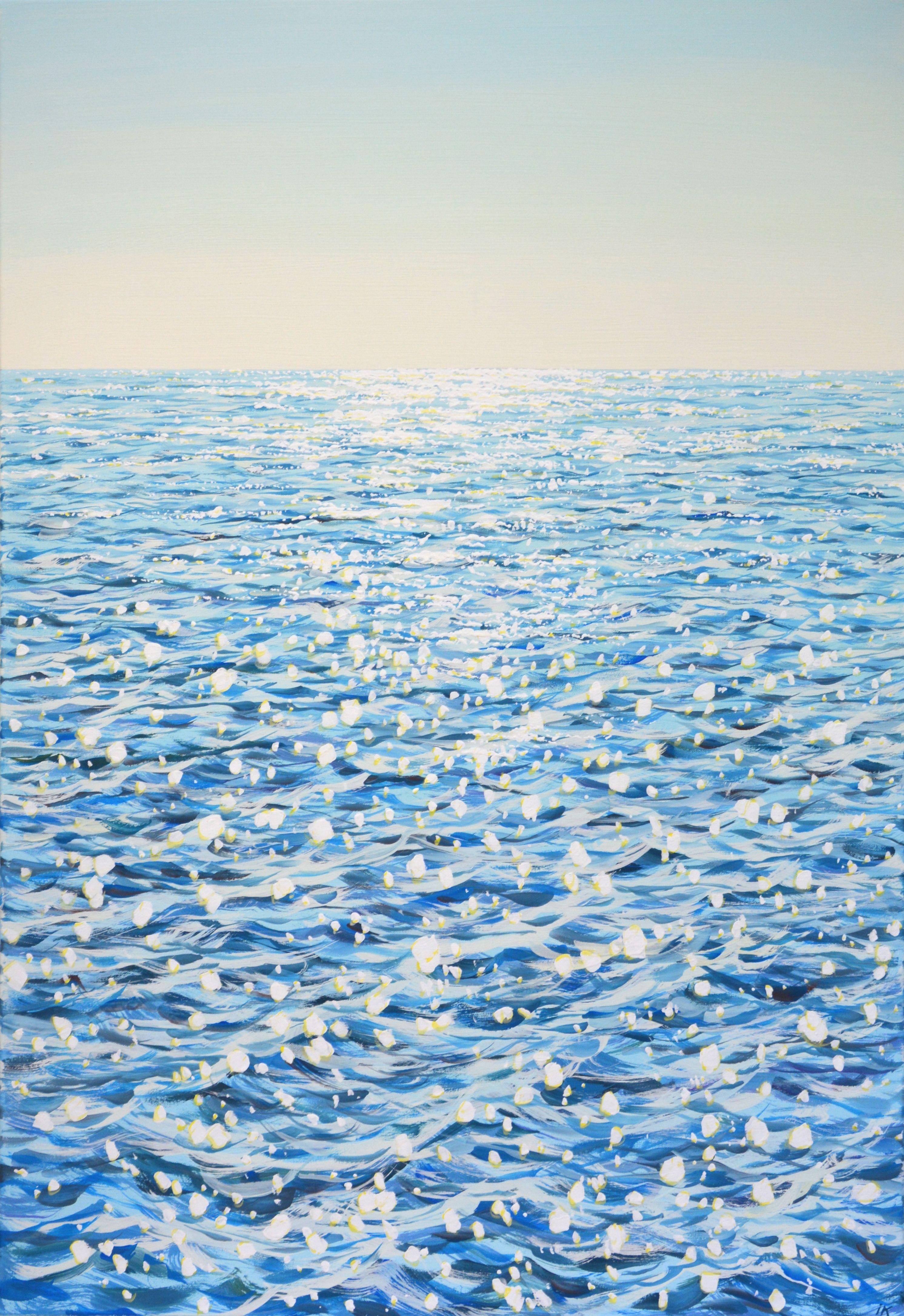 Ocean light 3. Blue water, ocean, water glare, clear sky, create an atmosphere of relaxation and romance. Made in the style of realism, light blue, white palette emphasizes the energy of water. Part of a permanent series of seascapes. The picture is