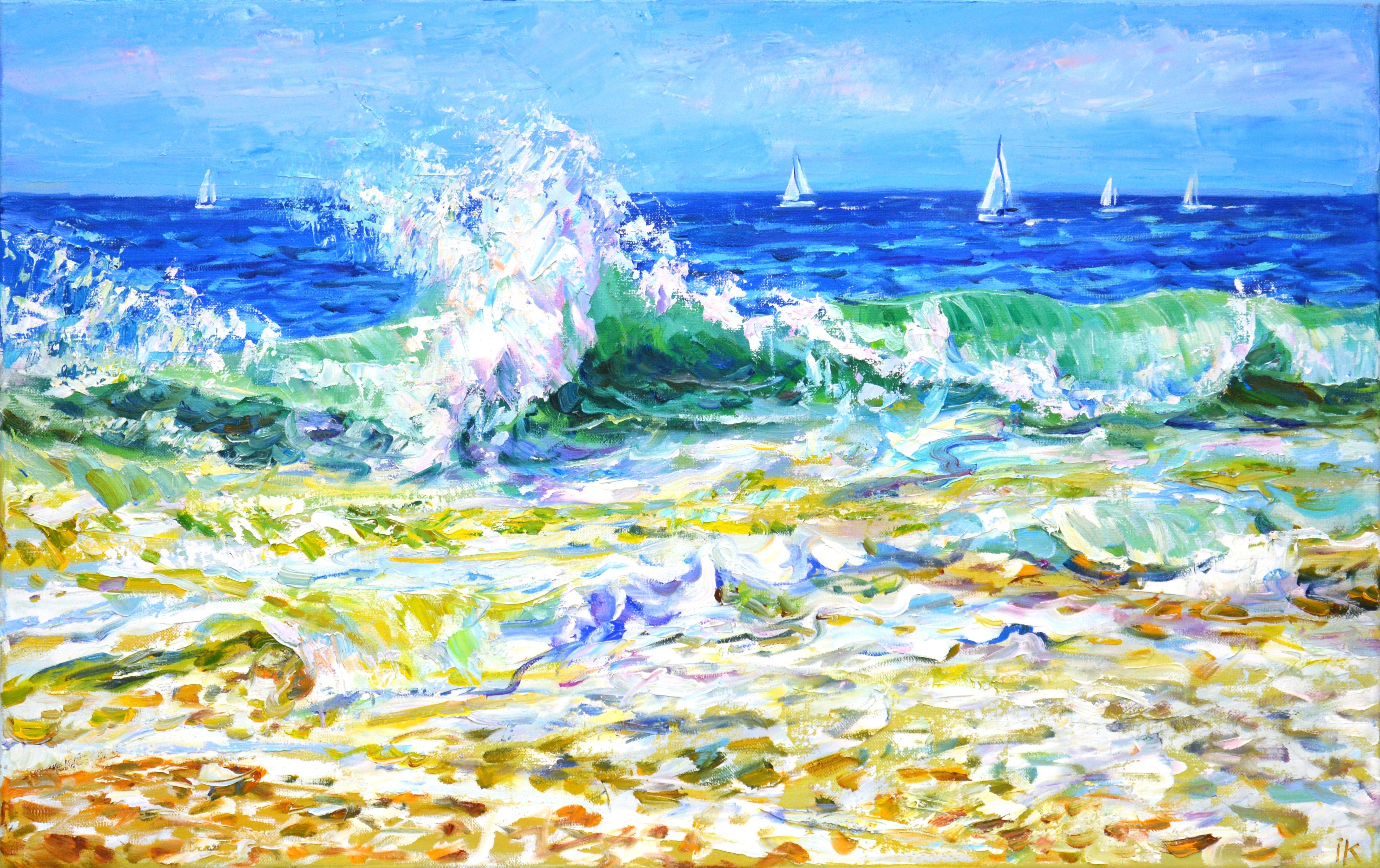 Sailboats float on the horizon, the sky is clear overhead, daylight is reflected in the oncoming waves. A rich palette of blue, green, white colors emphasizes the energy of the sea. Impressionism. The luminous qualities of the ocean and the amazing