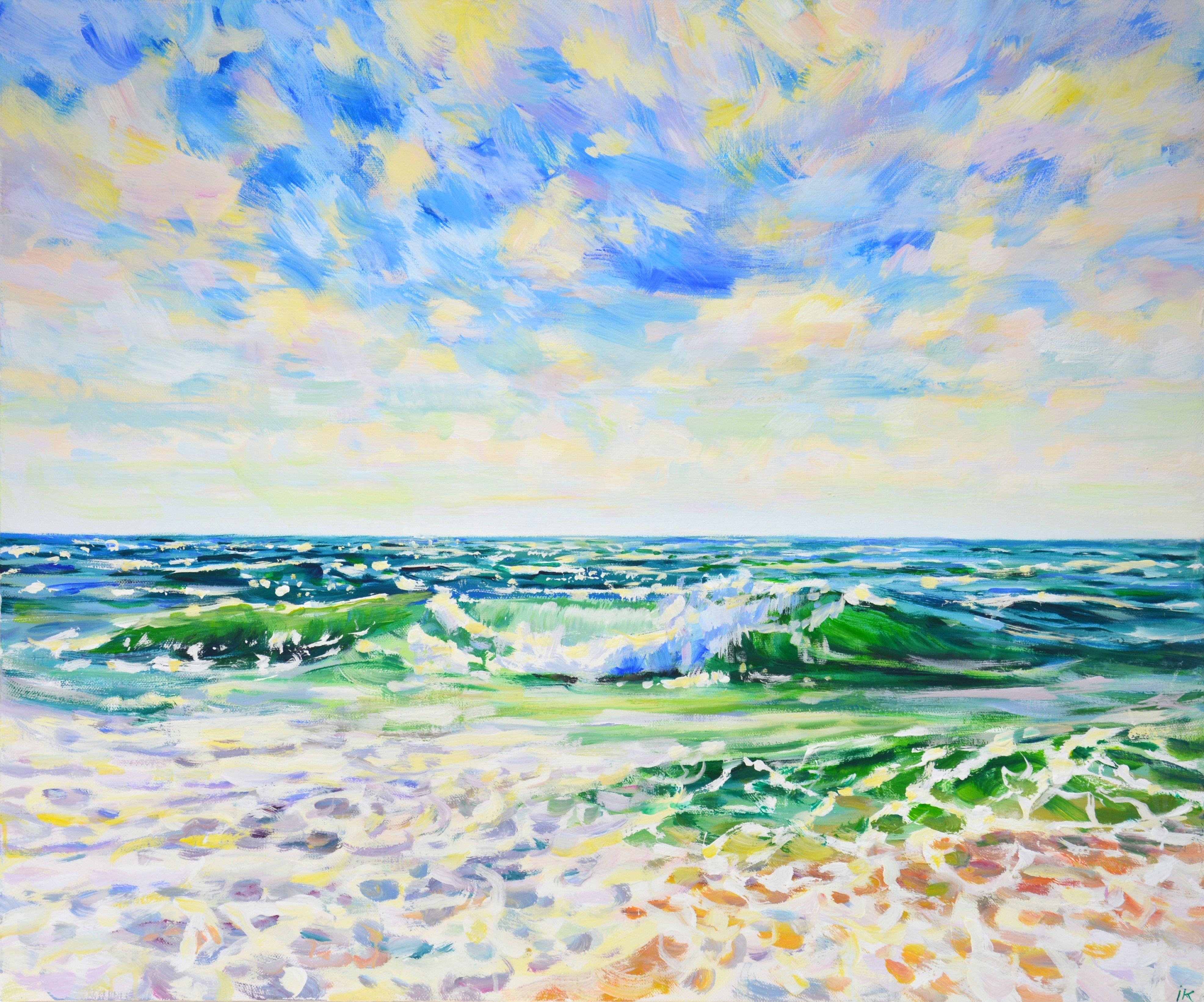 The sky with clouds over the ocean, the light is reflected from the rolling waves. A rich palette of blue, green, white emphasizes the energy of the sea. Impressionism. When traveling, I always take with me an album for painting, canvas and