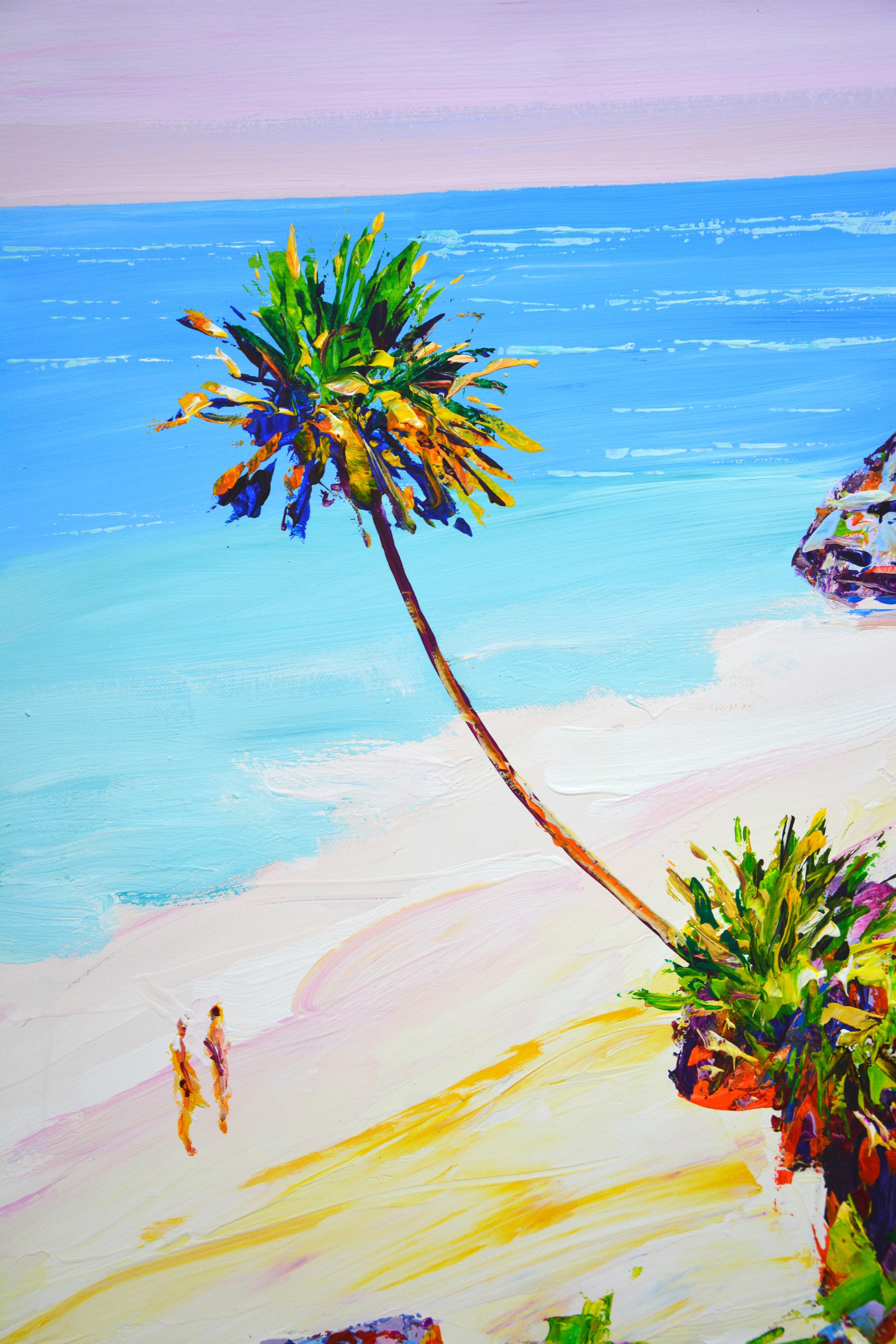 Oceano. Palme 33 - Pittura acrilica di paesaggio balneare dipinta a mano (80x60 cm) - Interior Painting Grigio di Iryna Kastsova