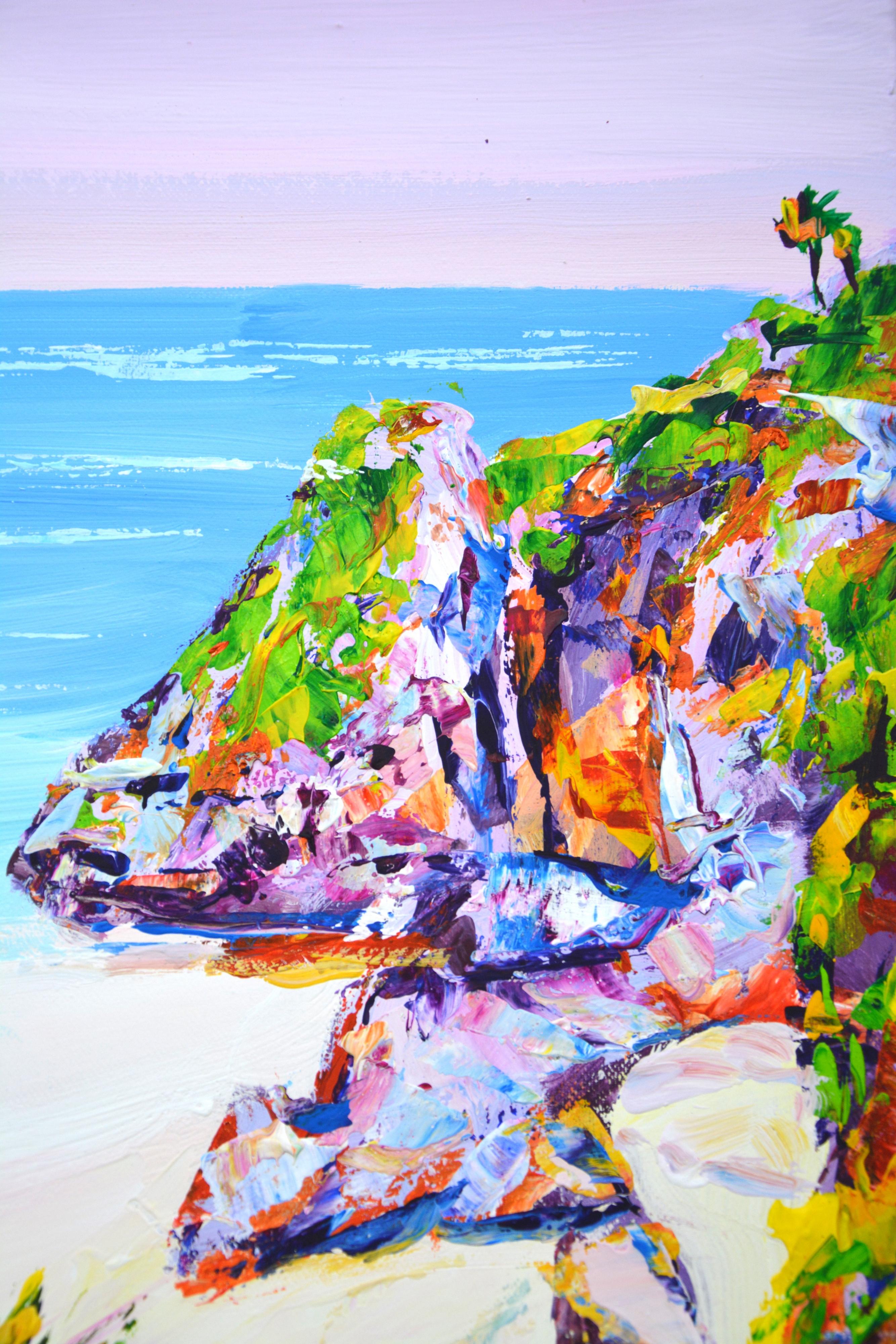 Oceano. Palme 33 - Pittura acrilica di paesaggio balneare dipinta a mano (80x60 cm) in vendita 1