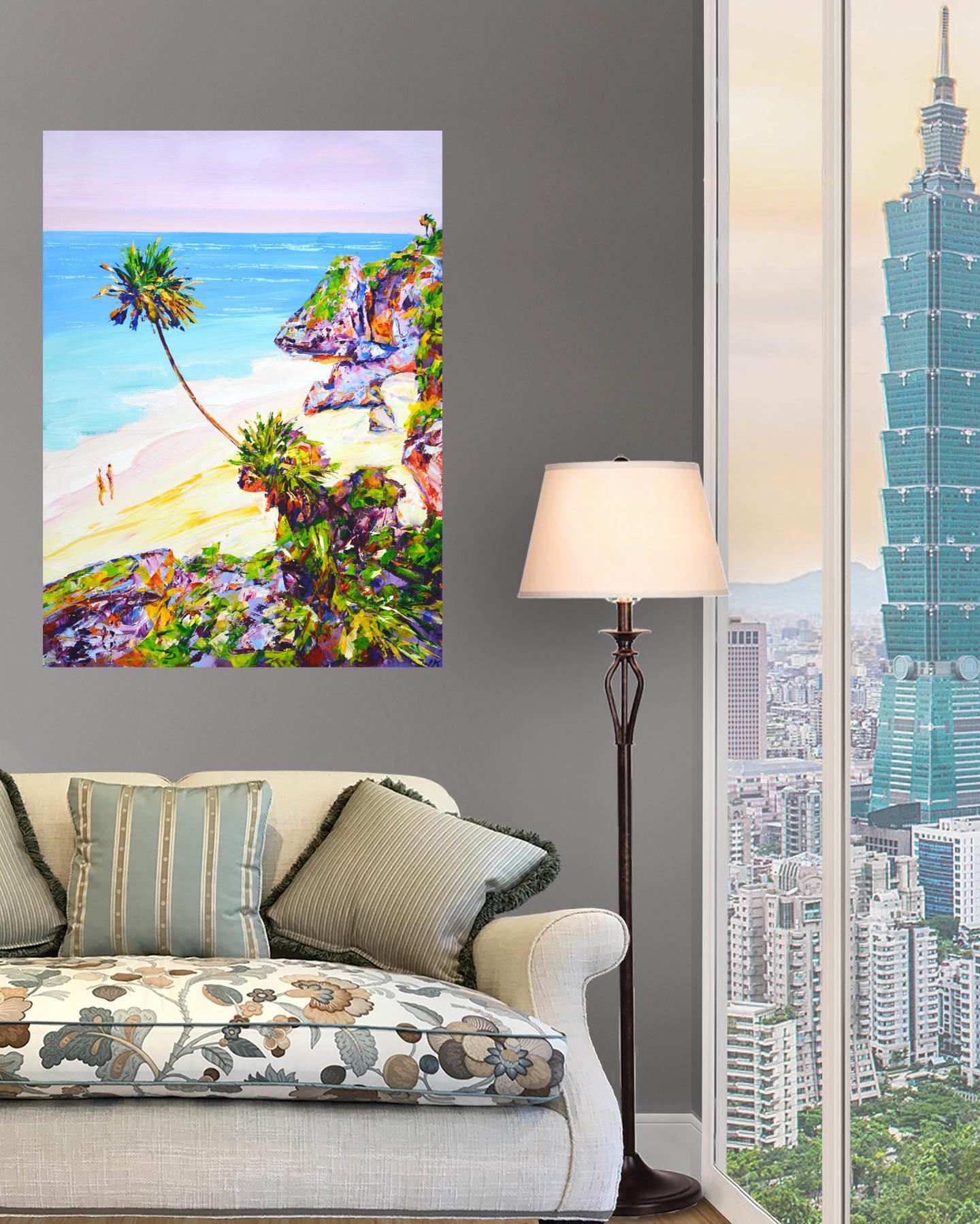 Oceano. Palme 33 - Pittura acrilica di paesaggio balneare dipinta a mano (80x60 cm) in vendita 3