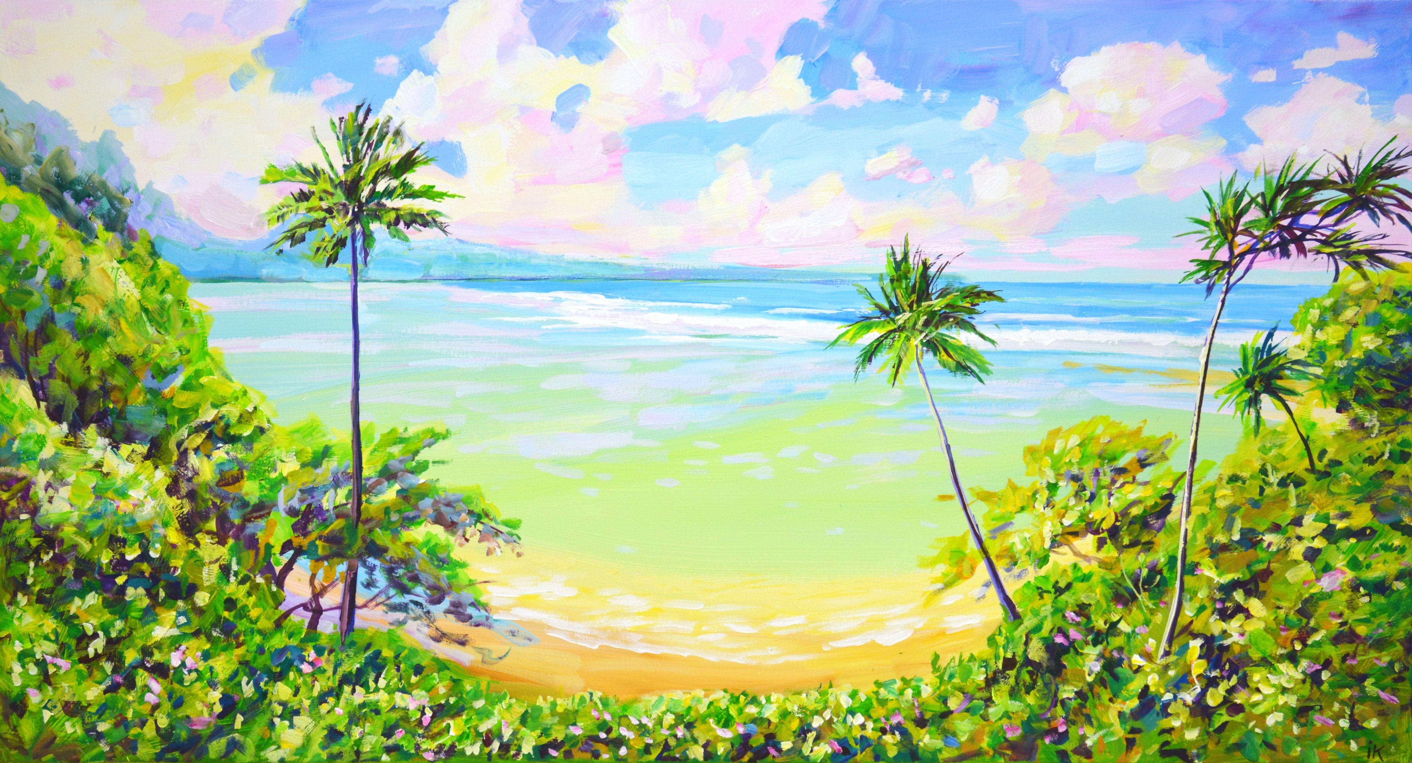 Sunny beach, ocean, beach, palm trees, sky with clouds, sand, atmosphere of relaxation, romance. A rich palette of blues, greens, yellows, pinks and whites enhances the energy of the ocean. Impressionism. The shining of the ocean and the amazing sky