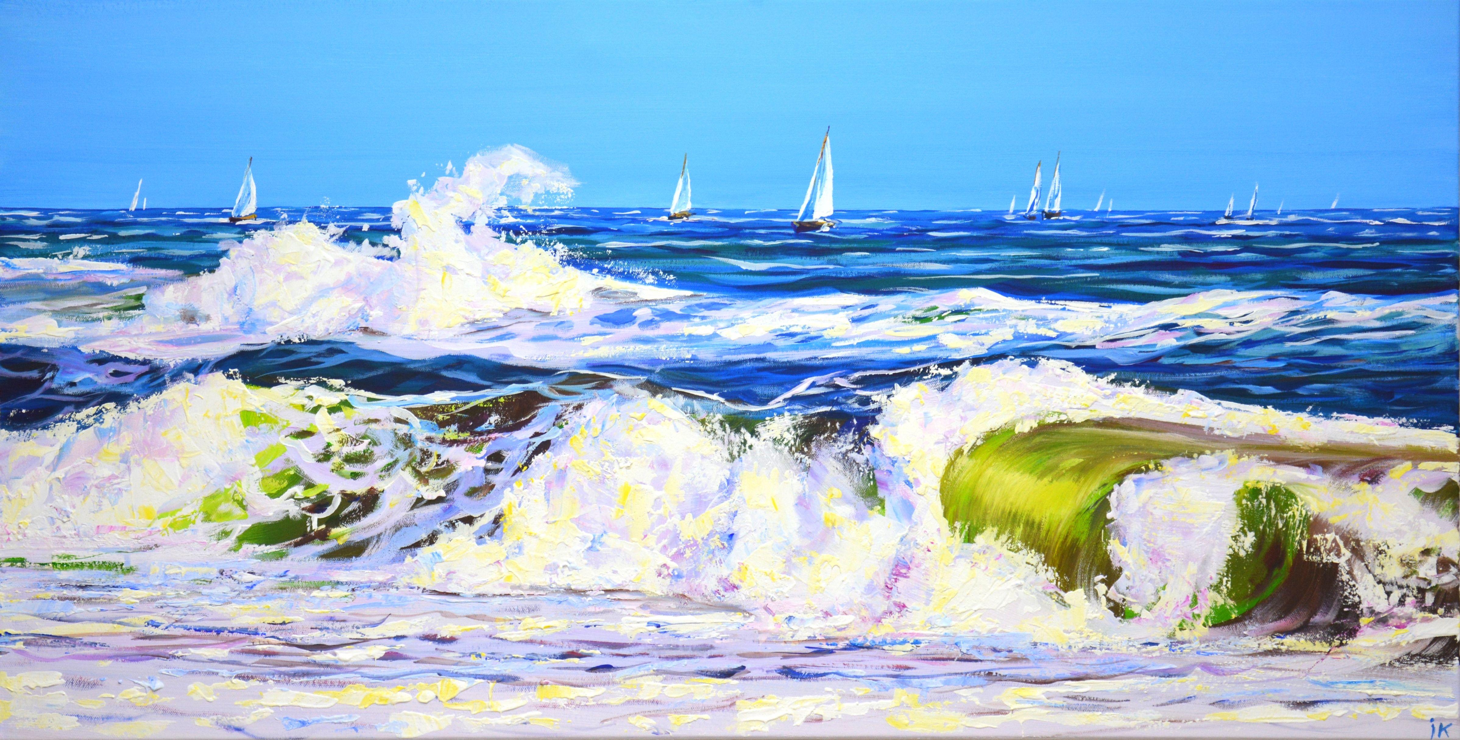 Ocean. Regatta. The work is written with inspiration, positively. Nature: seascape, clear sky over the ocean, light reflected by oncoming waves, sun glare on the water, sea foam, sailboats on the water create an atmosphere of relaxation. A rich