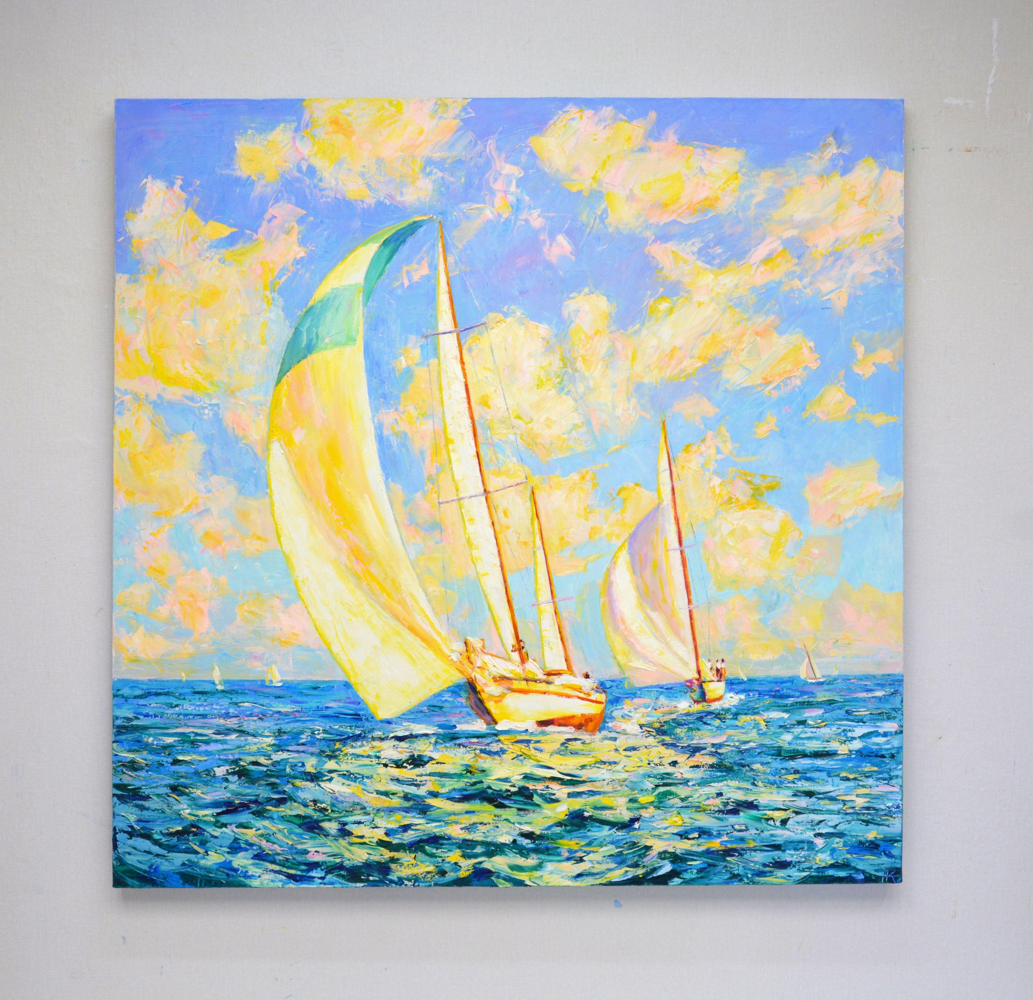 Ocean. Sailboats., Painting, Oil on Canvas For Sale 1