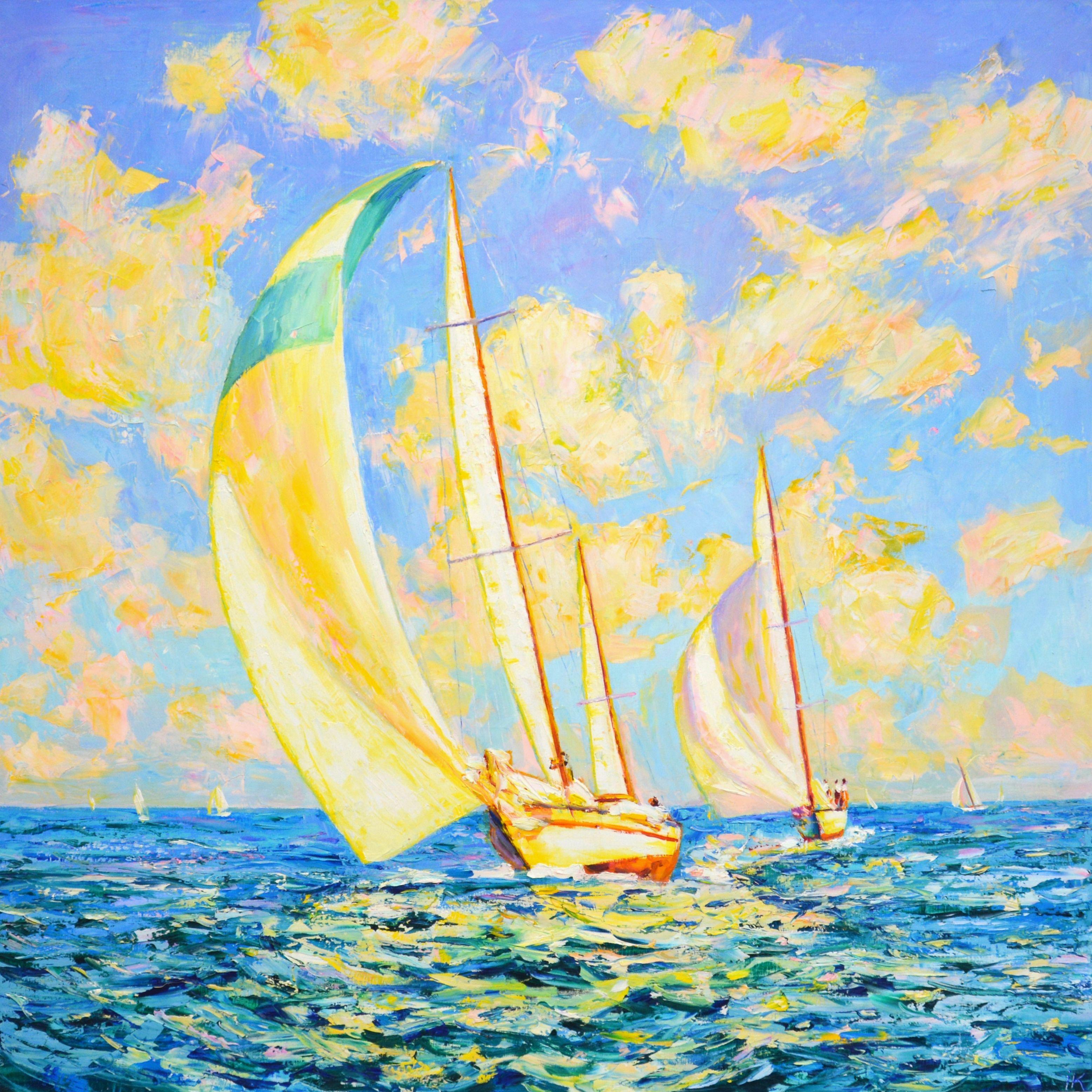 Ocean. Sailboats. Yachts with a sail sail under the midday sun, golden light is reflected from the canvas of the sail and passing clouds, the ocean, a serene view, creates an atmosphere of relaxation, harmony and bliss. Realism. Impressionism. The