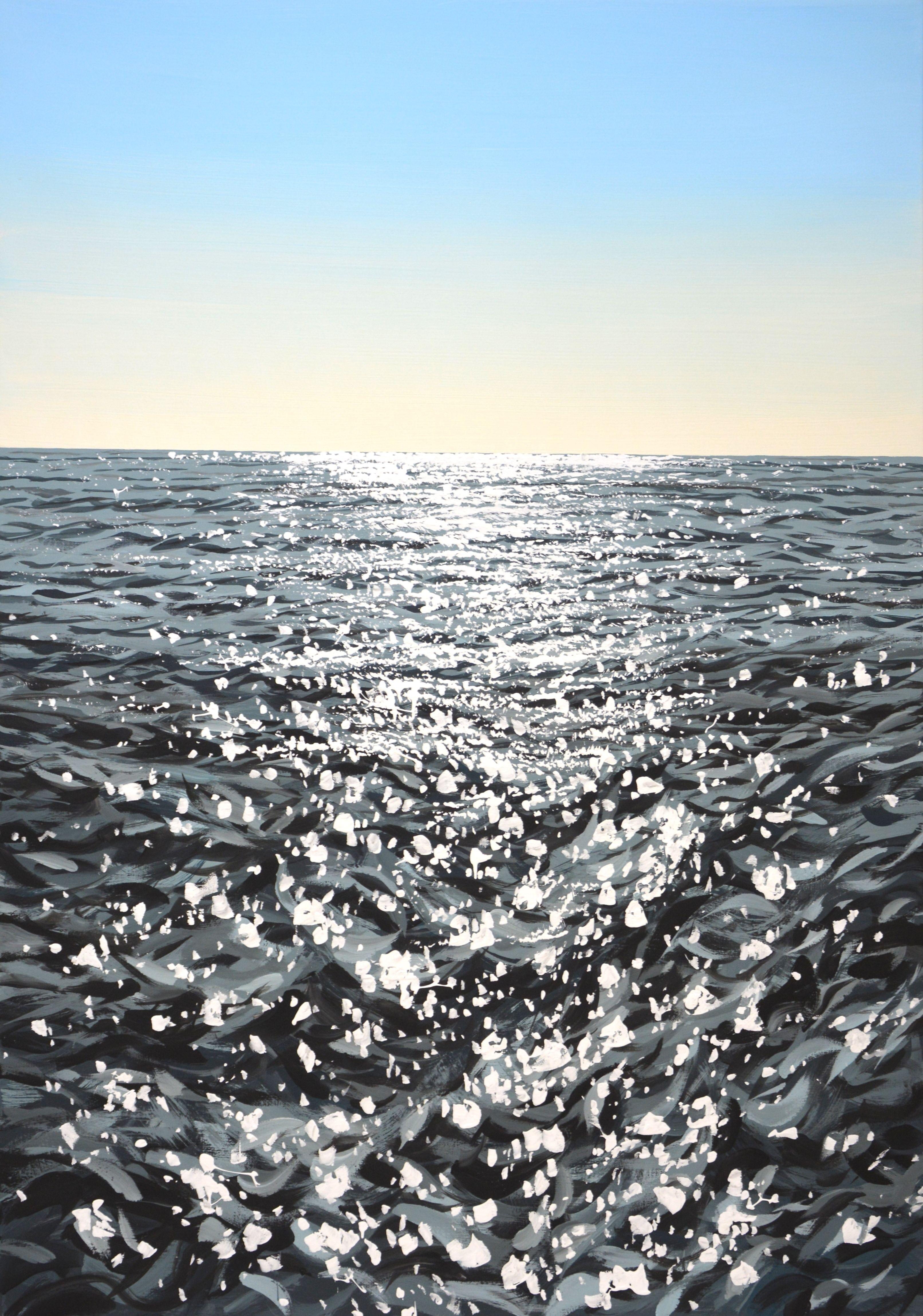 Ocean. Sky. Light 2. Marine: Calm ocean, water, ocean, reflections of light on the water, small waves, clear sky create an atmosphere of relaxation and romance. Made in the style of realism, impressionism. The black and white palette emphasizes the