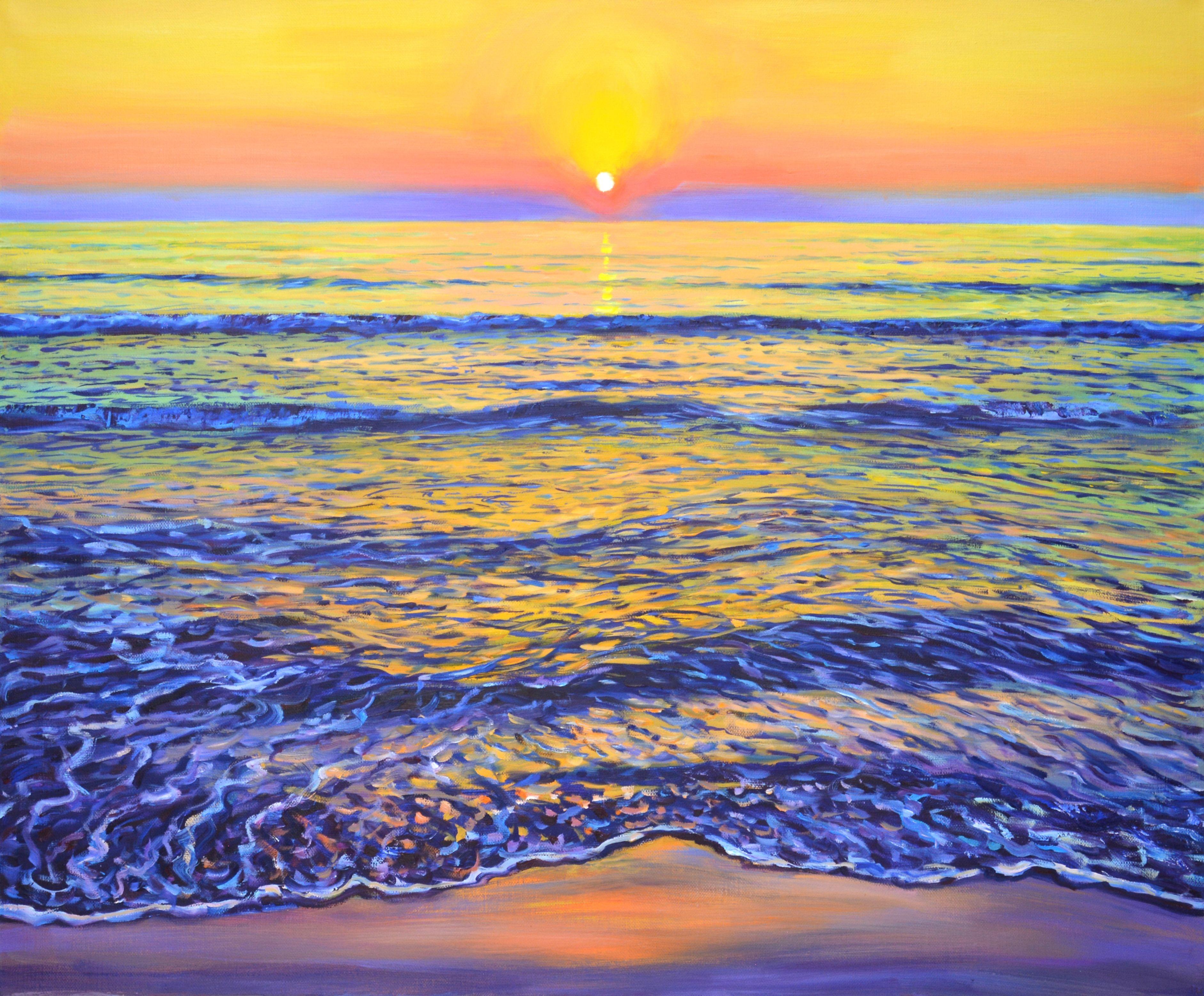 Ocean sunset. When traveling, I study a lot of the sea and the ocean. Then in the workshop I again plunge into a state of admiration for the sea element and paint with oil on a large linen canvas. Ocean sunset, picturesque sky, light waves, sun