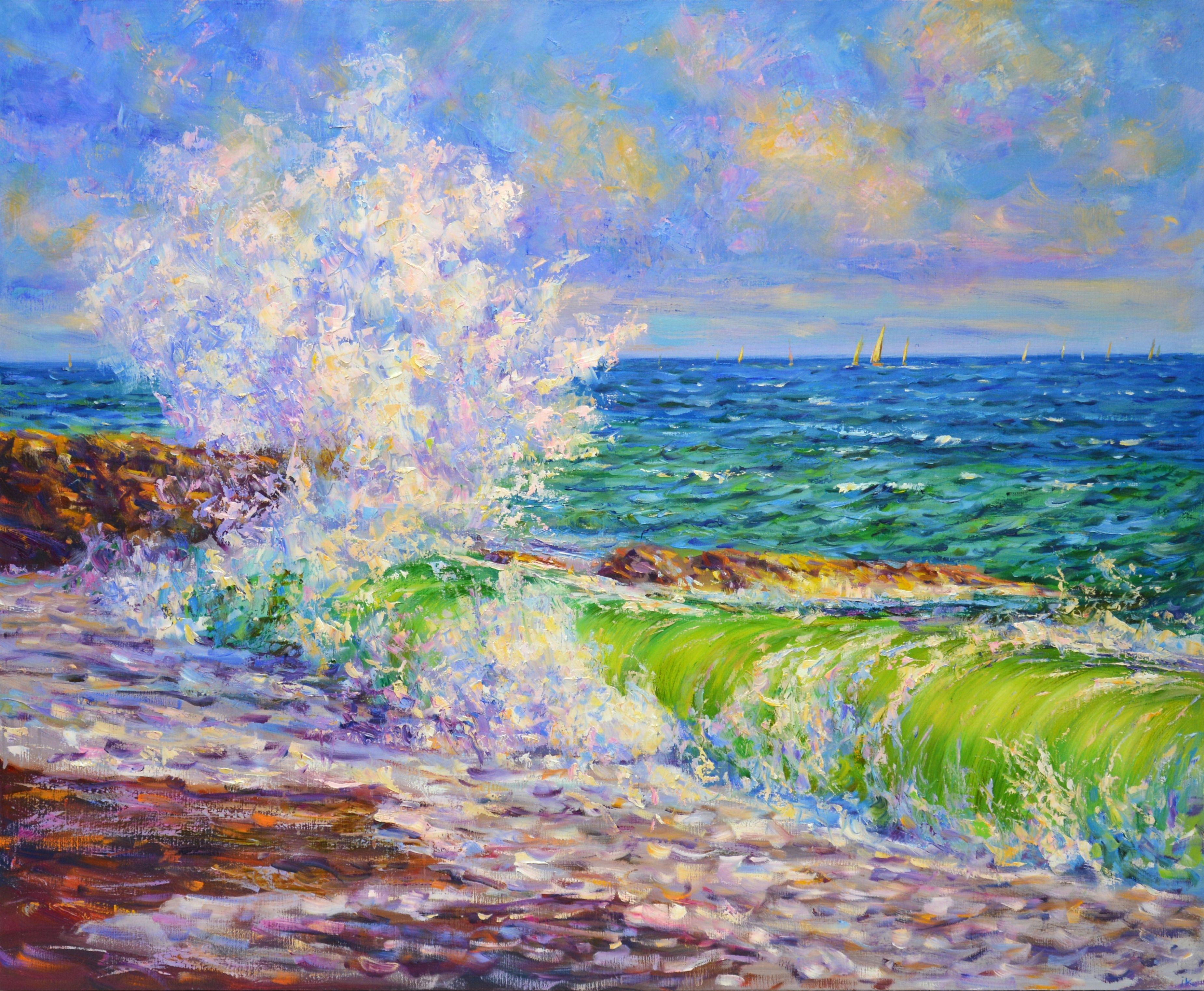 Daylight reflects off the rolling waves. A stiff palette of knives and a rich palette of blue, green, purple and red shades emphasize the energy of the sea. Sea, seascape, ocean, waves, blue, turquoise, relaxation, romance, impressionism, realism,
