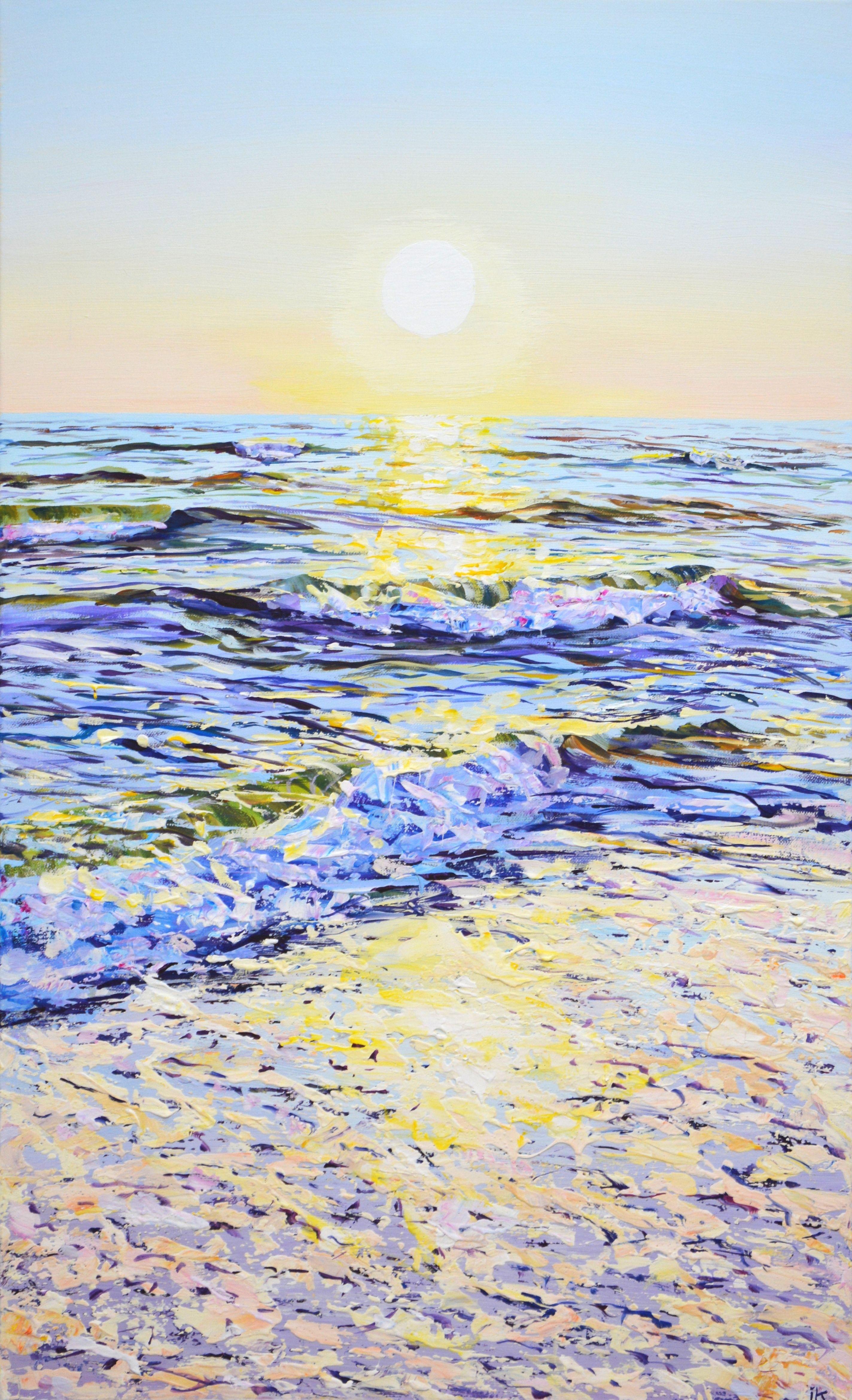 Ocean. The sun. Warm water, sea, ocean, waves, sea foam, sun glare on the water, clear sky, sun create an atmosphere of relaxation and romance. Light flickers on the surface of the water, creating a serene look. Made in the style of realism. Part of