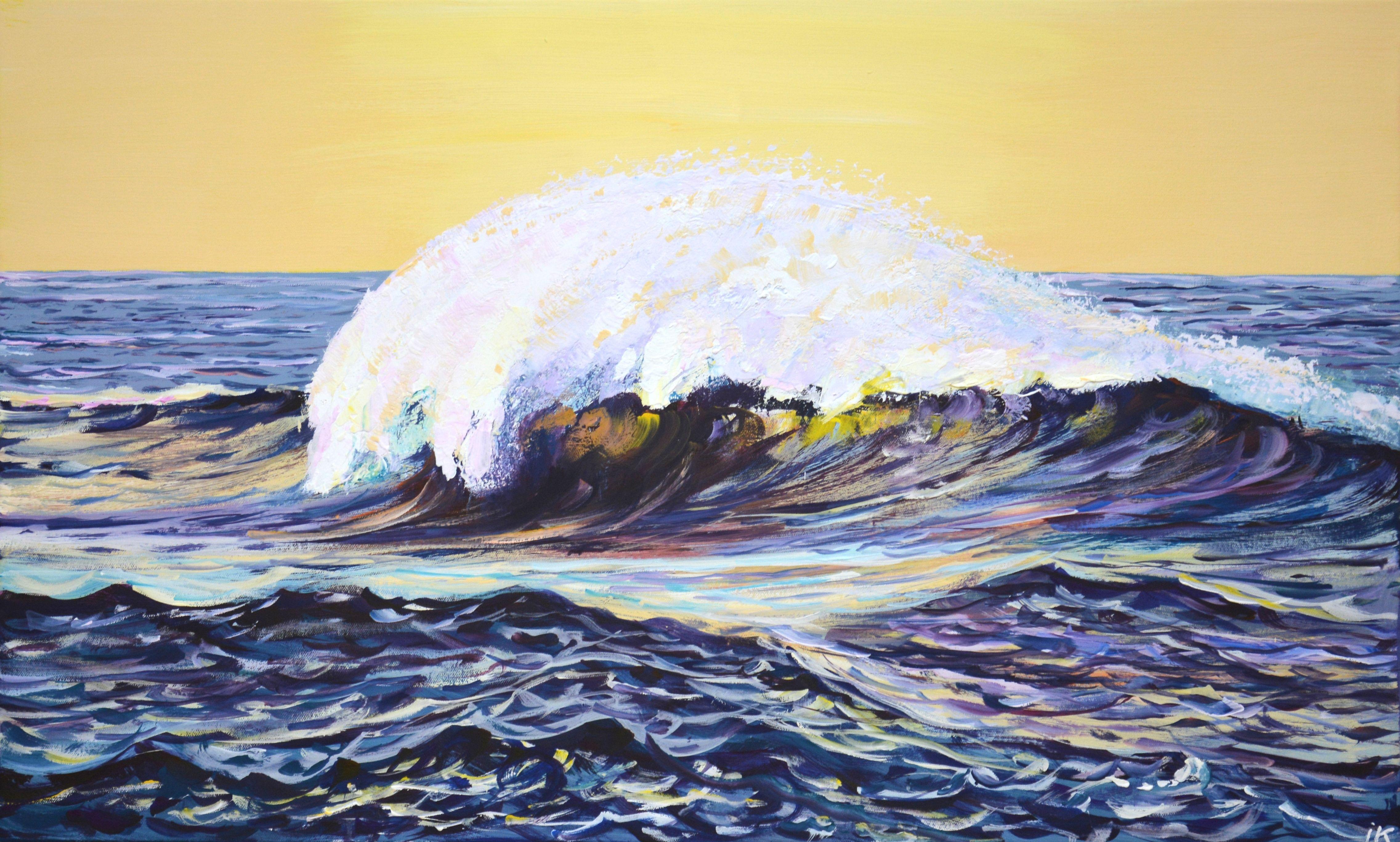 Ocean waves 2. Sunset over the ocean, light is reflected from the incoming waves, sea foam. A rich palette of blue, green, white colors emphasizes the energy of the water. Realism. Admiration for the sea element evokes a feeling of love and respect