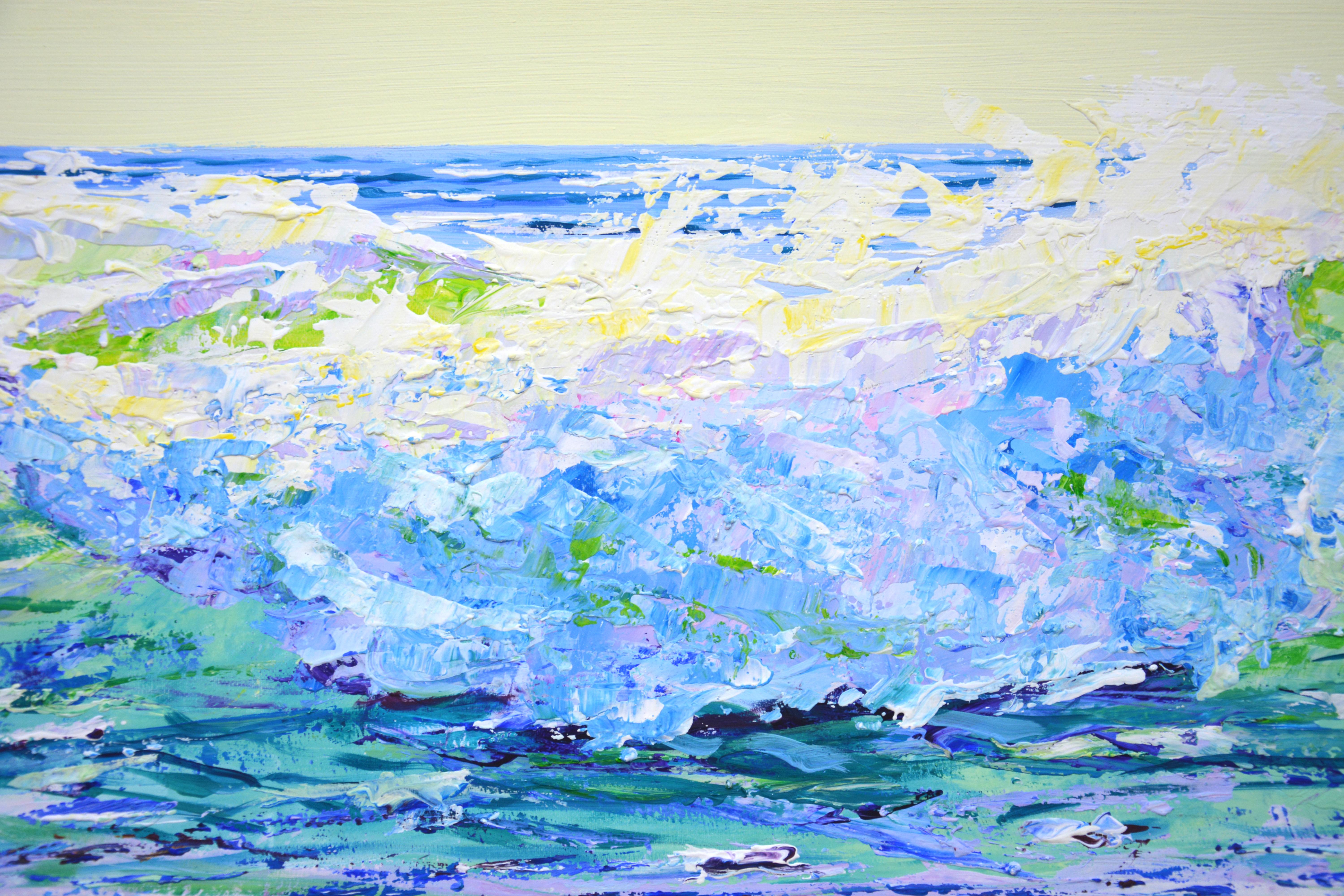 Ocean waves 3. The work is written with inspiration, positively. Nature: seascape, clear sky over the ocean, light reflected by incoming waves, sun glare on the water, sea foam create an atmosphere of relaxation. A rich palette of blue, turquoise,