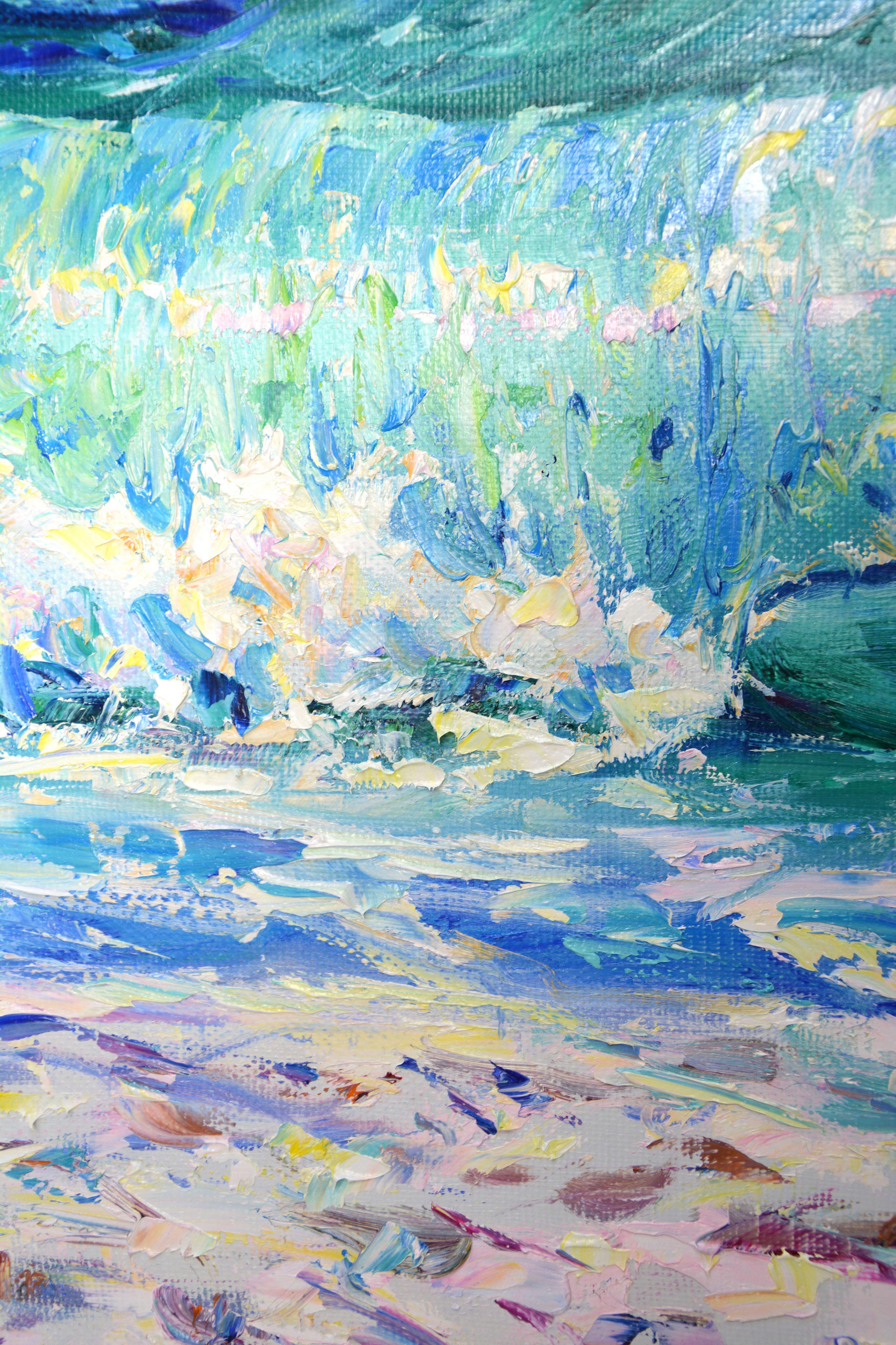 Oceano. Onde. Immagine originale dell'autore. Impressionismo: una tavolozza di coltelli e una ricca tavolozza bianca e blu evidenziano l'energia dell'oceano. Parte di una serie permanente di paesaggi marini. L'immagine è di buona qualità, i colori