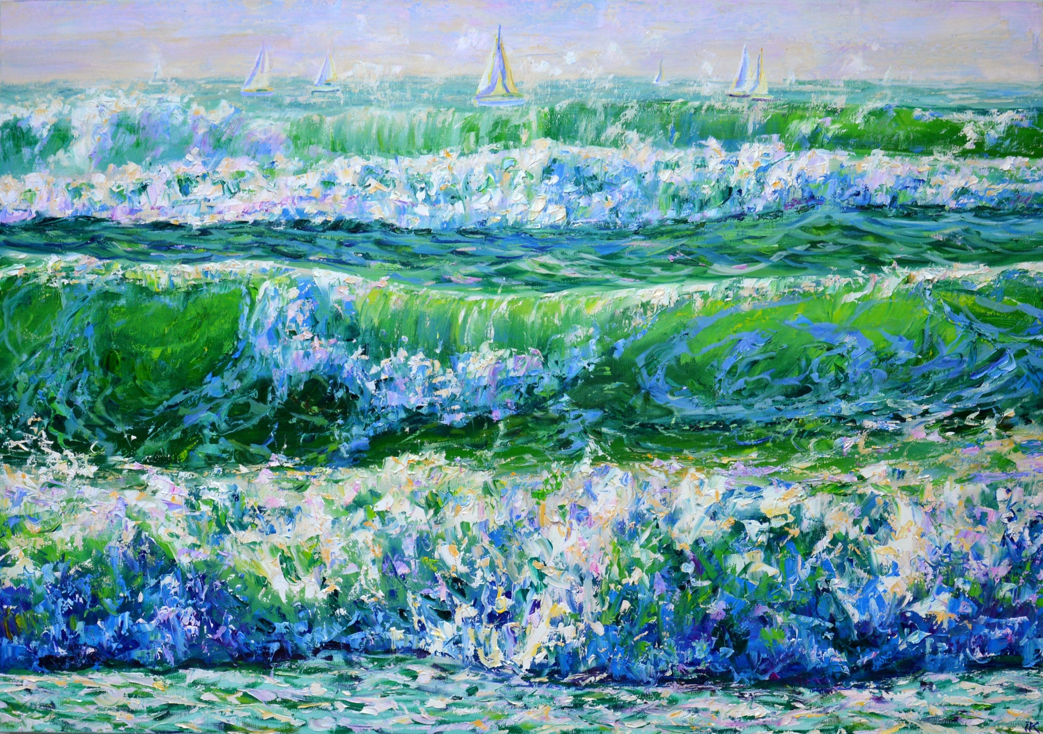 Sailboats sail along the horizon, daylight reflects off the rolling waves. A tough palette of knives and a rich palette of purple, green and white emphasize the energy of the ocean. Part  ongoing series of seascapes: Sea, seascape, ocean, waves,