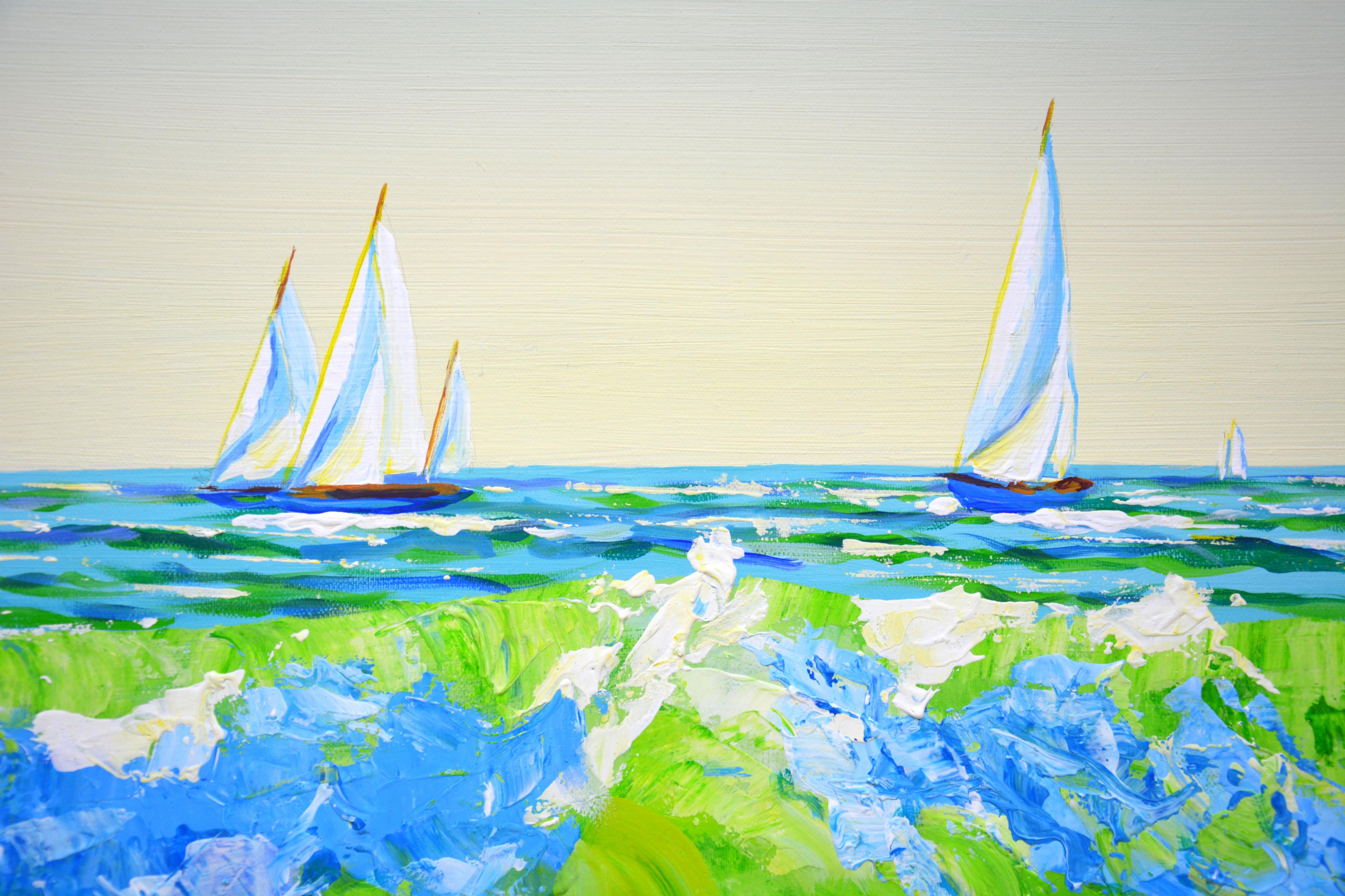Ocean Waves. Sailboats 3. The work is written with inspiration, positively. Nature: seascape, clear sky over the ocean, light reflected by oncoming waves, sun glare on the water, sea foam, sailboats on the water create an atmosphere of relaxation. A