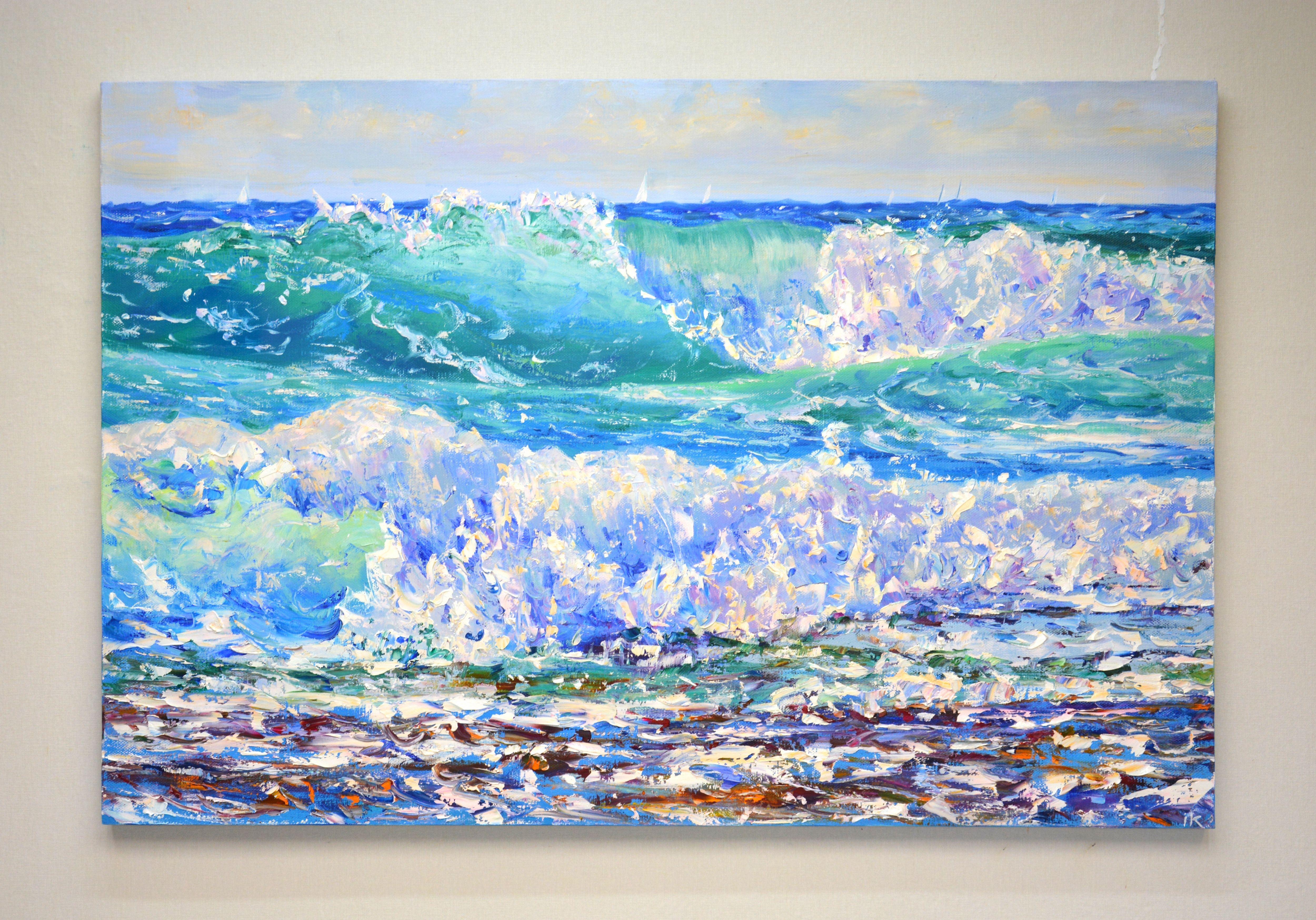 Ocean waves. Sailboats. Painted in the Impressionist style, the rich blue, turquoise, white palette emphasizes the energy of the ocean. Part of a permanent series of seascapes. The picture is of good quality, the colors make children happy. Used