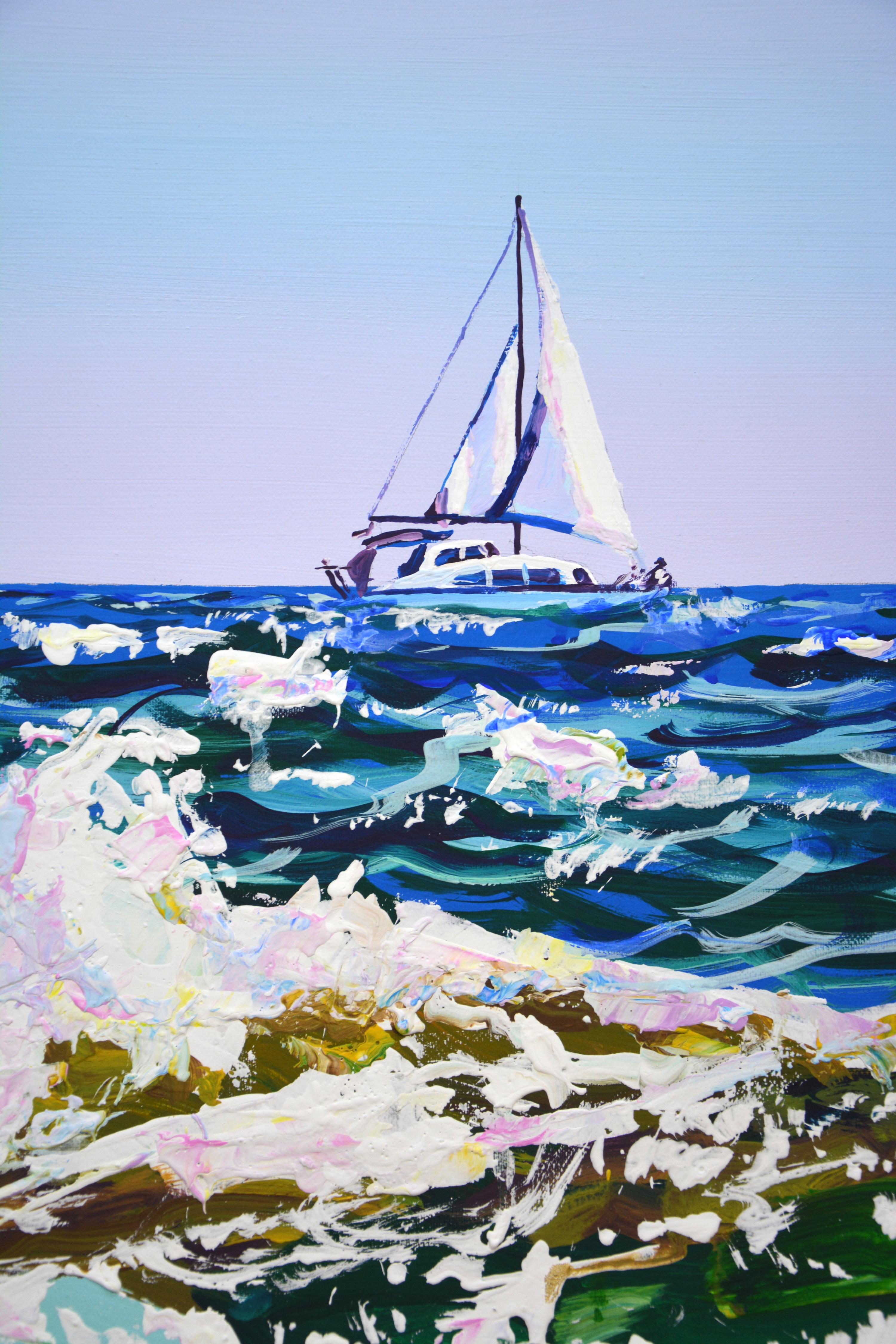 Oceano. Onde. Yacht. - Landscape Painting Blu di Iryna Kastsova