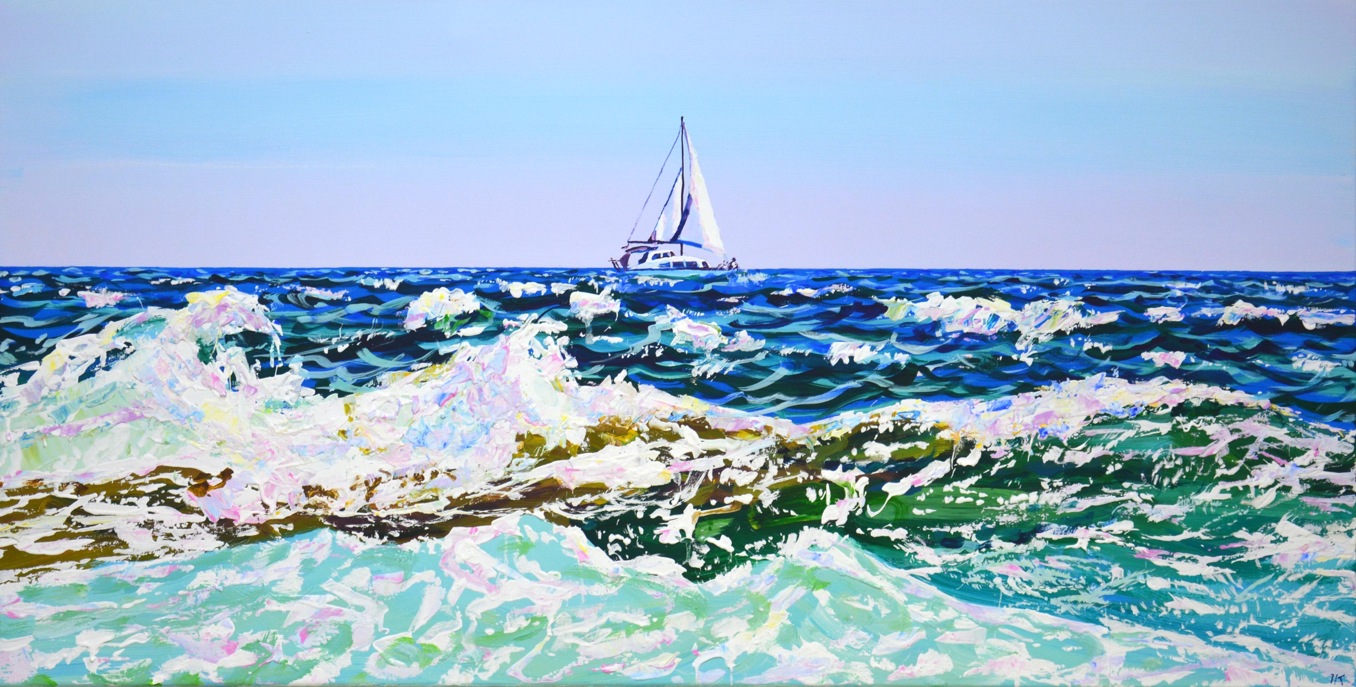 Landscape Painting di Iryna Kastsova - Oceano. Onde. Yacht.