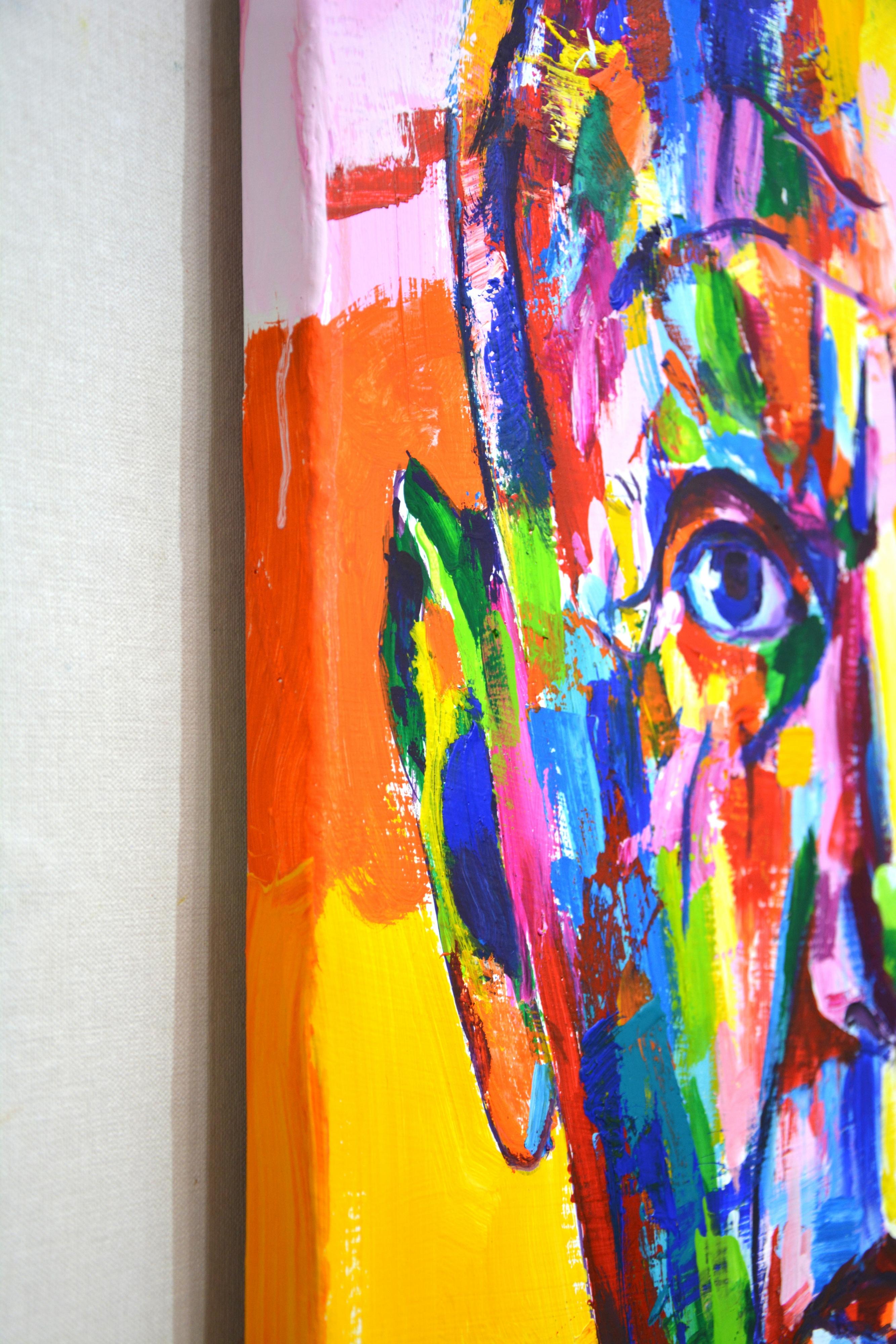 Pablo Picasso
Il dipinto è un ritratto surreale realizzato in stile pop art. L'immagine del volto di Picasso è realizzata con colori vivaci e contrastanti e forme insolite. Lo sfondo del ritratto è un'immagine astratta e luminosa. Materiali di