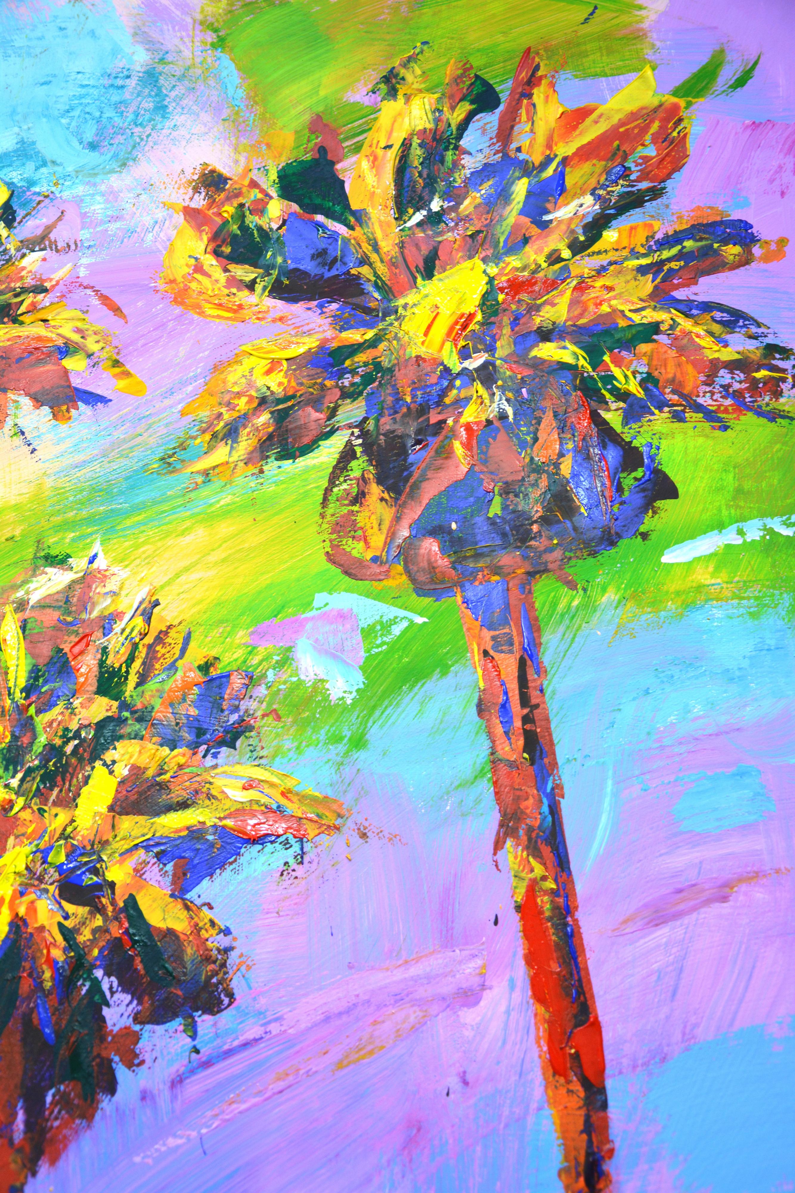 Palme 33 - Quadro acrilico vibrante di grandi dimensioni (130x70 cm) - Landscape Painting Beige di Iryna Kastsova