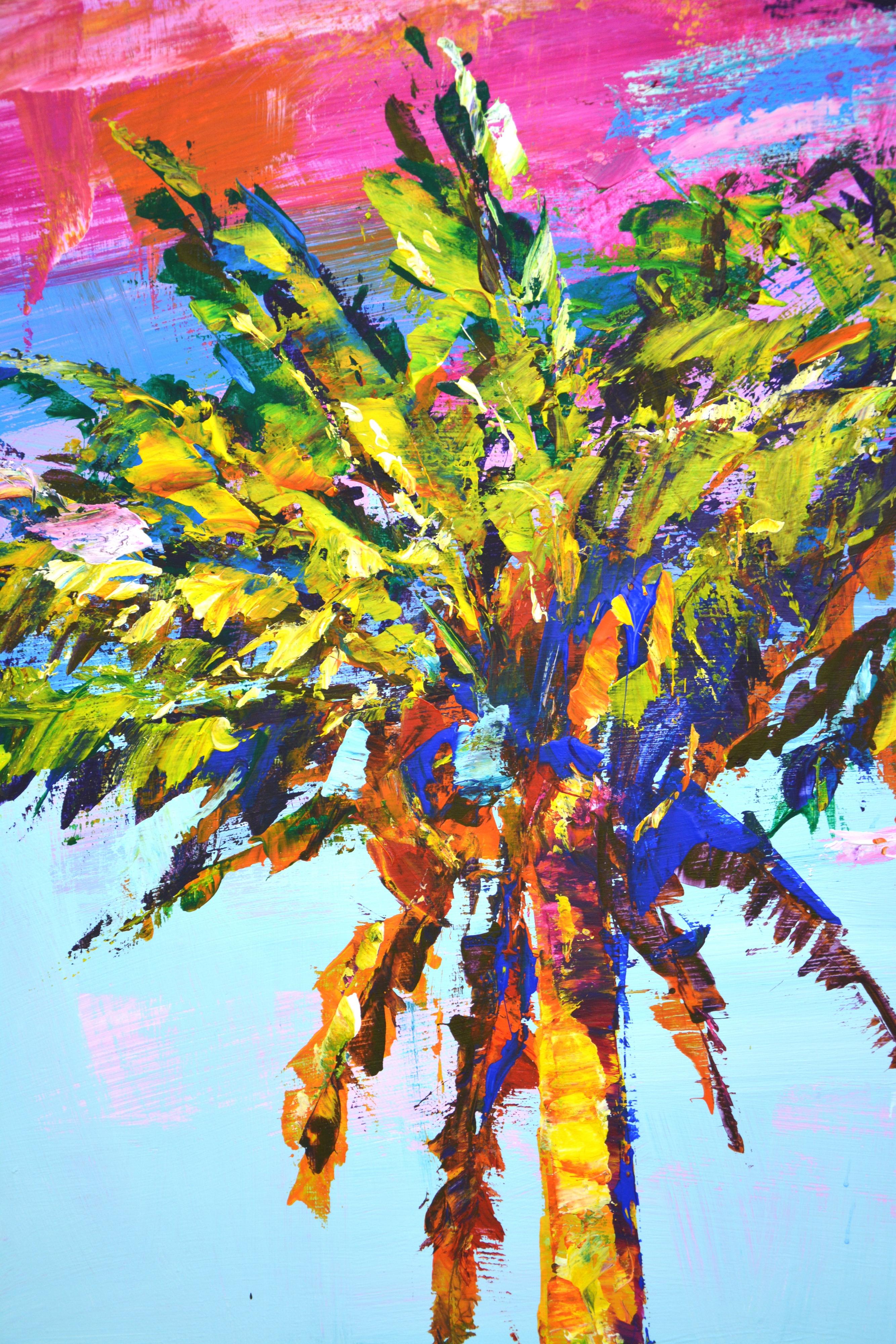 Palm trees 6. Expressive palm trees on an abstract bright background. Modern. Bright colors are vigorously mixed on the palette, scattered over the canvas with a spatula and a brush. Painting is a way to show the wonders of different aspects of