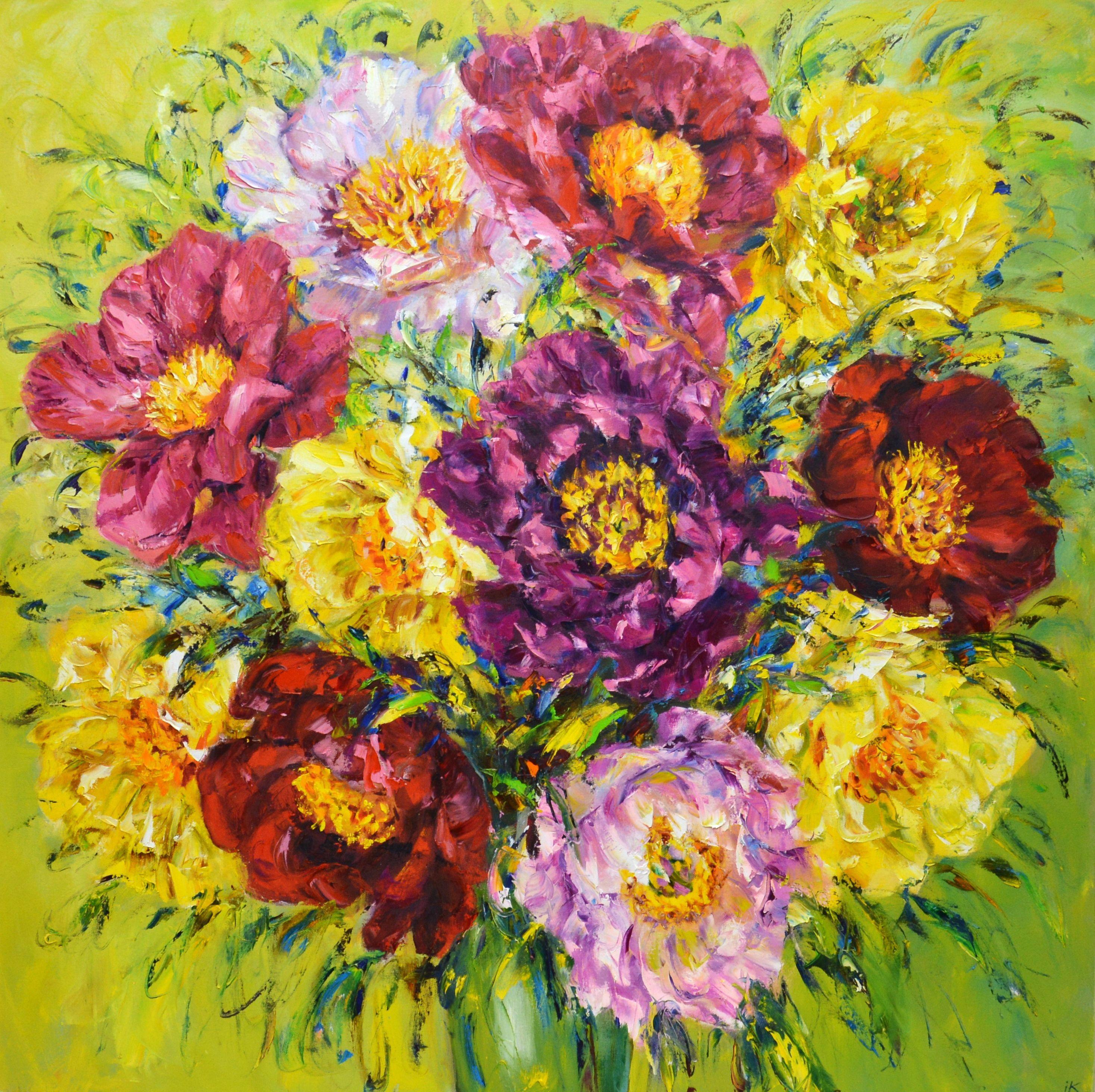 Luxurious bouquet of bright yellow, pink, burgundy peonies. Written in a textured palette knife.  Part of an ongoing series of floral still lifes. The picture has good spatial quality, and bright colors cause happiness in children. In the style of
