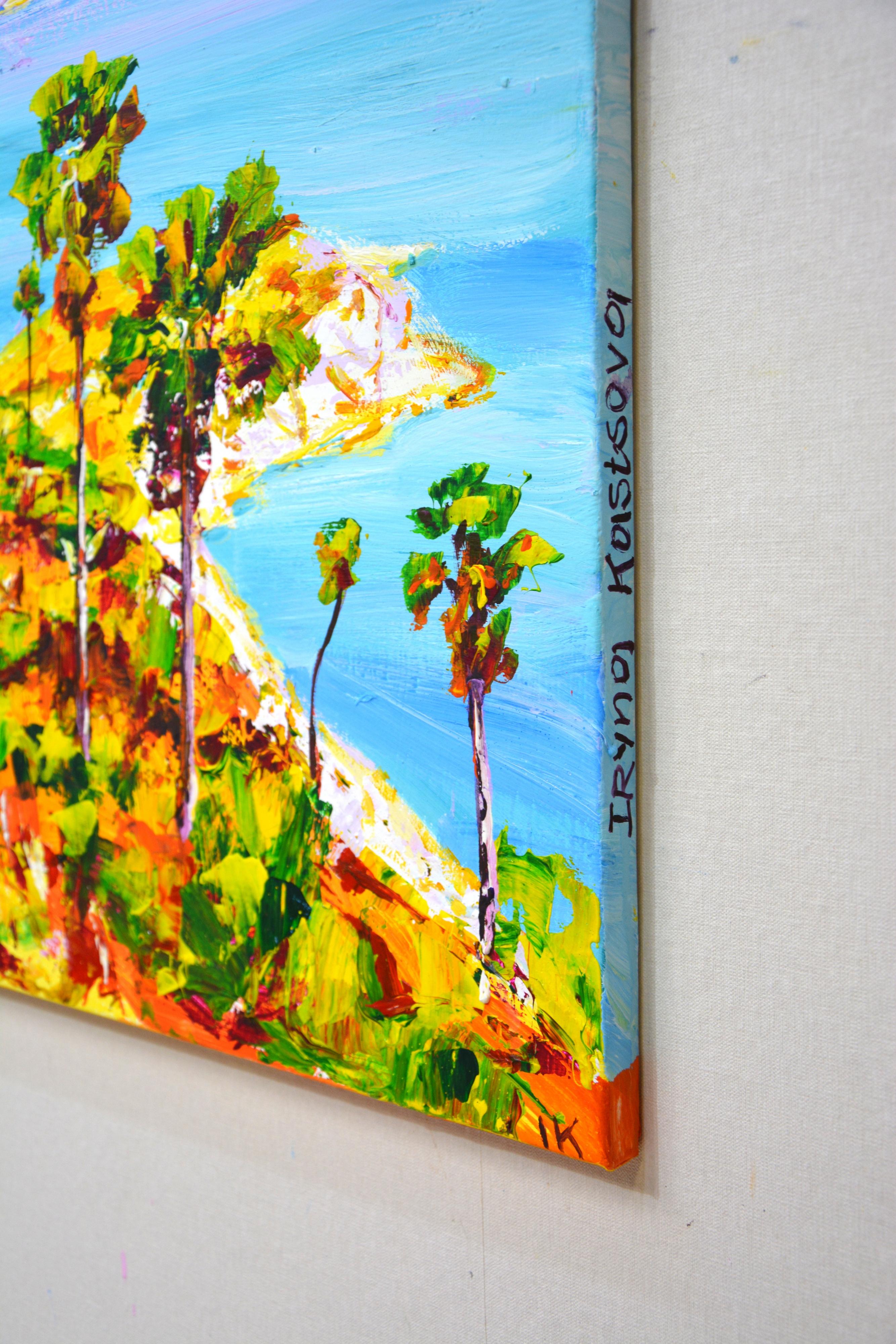 Phuket Colorful Impressionist Ocean Landscape with Palms - Blue Landscape Painting by Iryna Kastsova
