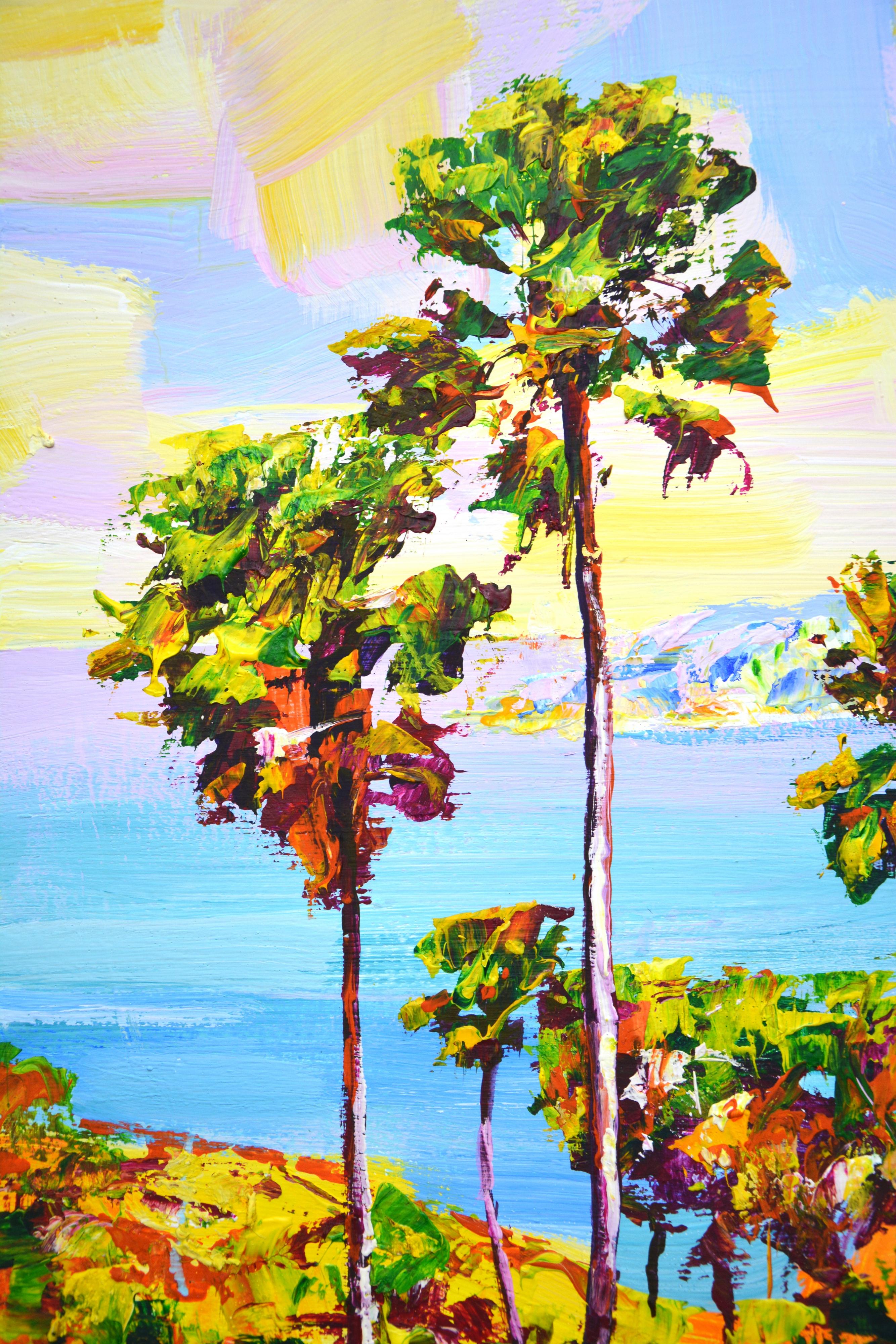 Phuket Colorful Impressionist Ocean Landscape with Palms For Sale 1