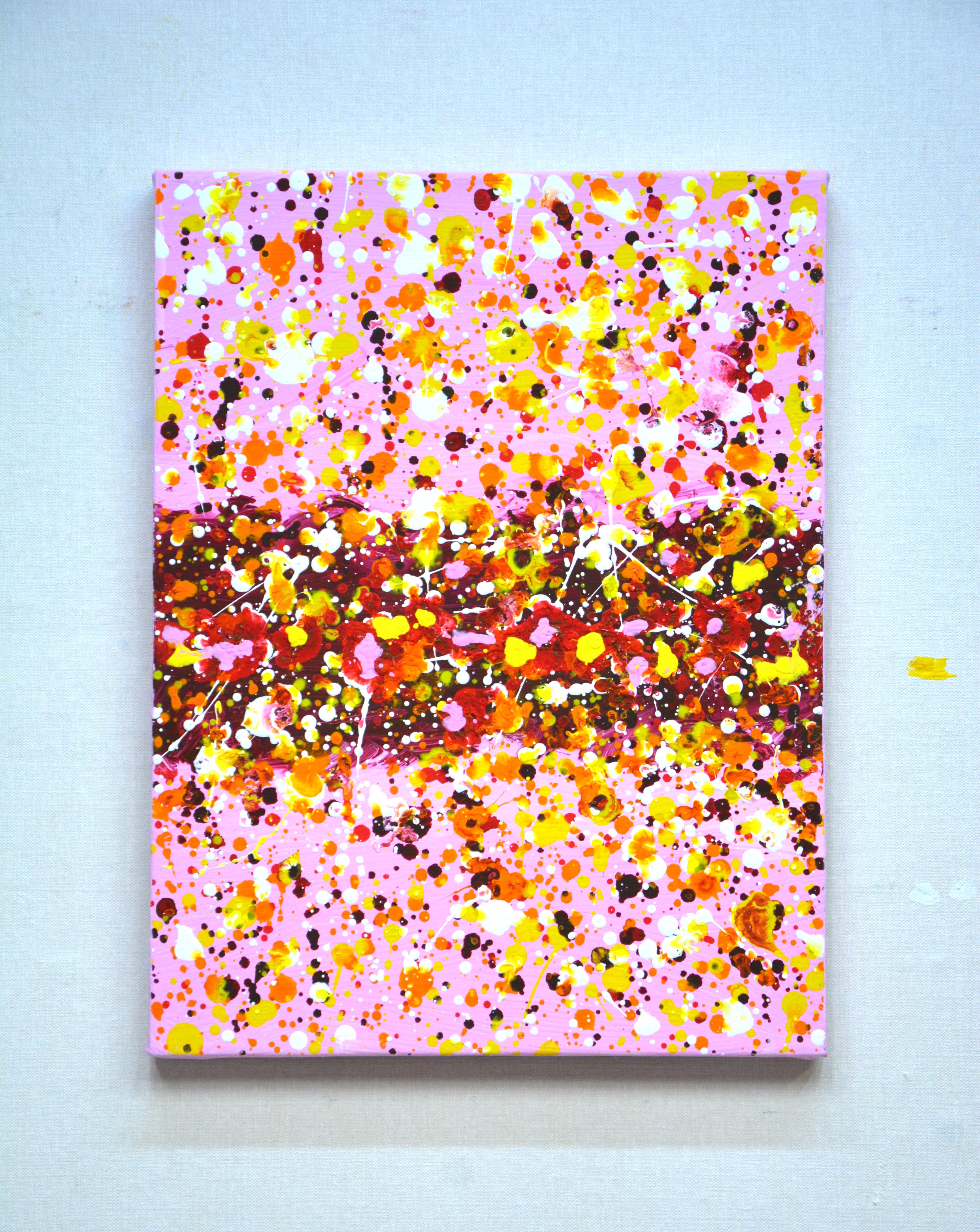 Pink 7. Abstraction. Expressionism. Shades of pink. The delicate, modern, abstract, expressive painting has sparkle and shimmer! Many colored drops, pink, and white on a light pink background.
Feelings of delight, love, and happiness. The picture is