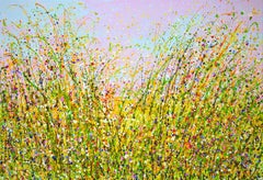 Pink evening. Flower field. Original Acrylic Interior Painting Yellow Dripping