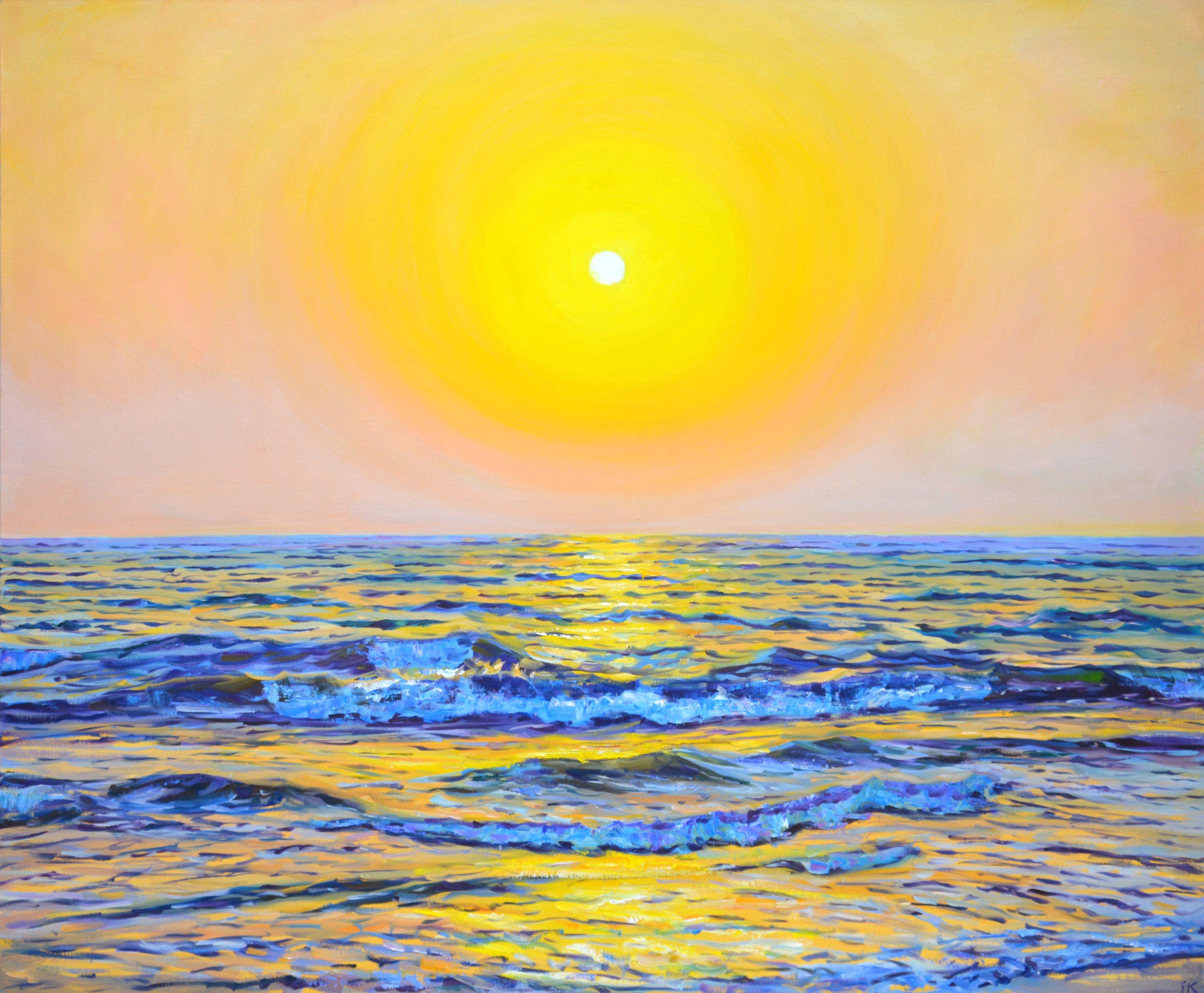 Pink evening. Ocean.  sunset, warm water, ocean, sea, small waves, sun reflection, clear sky, create an atmosphere of relaxation and romance. Made in the style of realism, impressionism. Part of a permanent series of seascapes. Used high quality