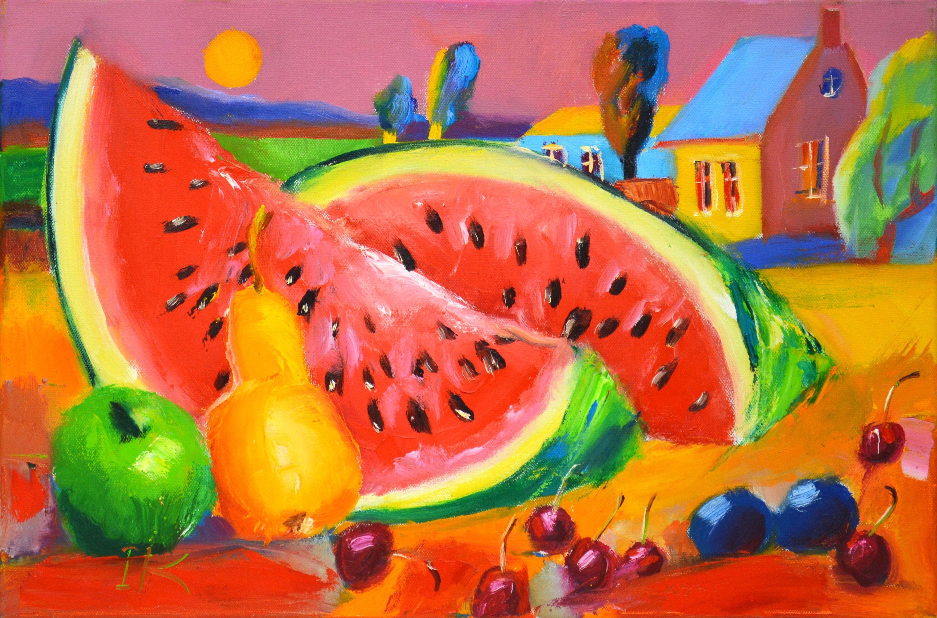 Bright, expressive, modern still life with watermelon, apple, pear, cherry, plum, in nature. Pink evening, houses, trees, forest, landscape. Oil painting on canvas. Artist's signature, varnished. Ready to hang. Certificate of Authenticity. ::