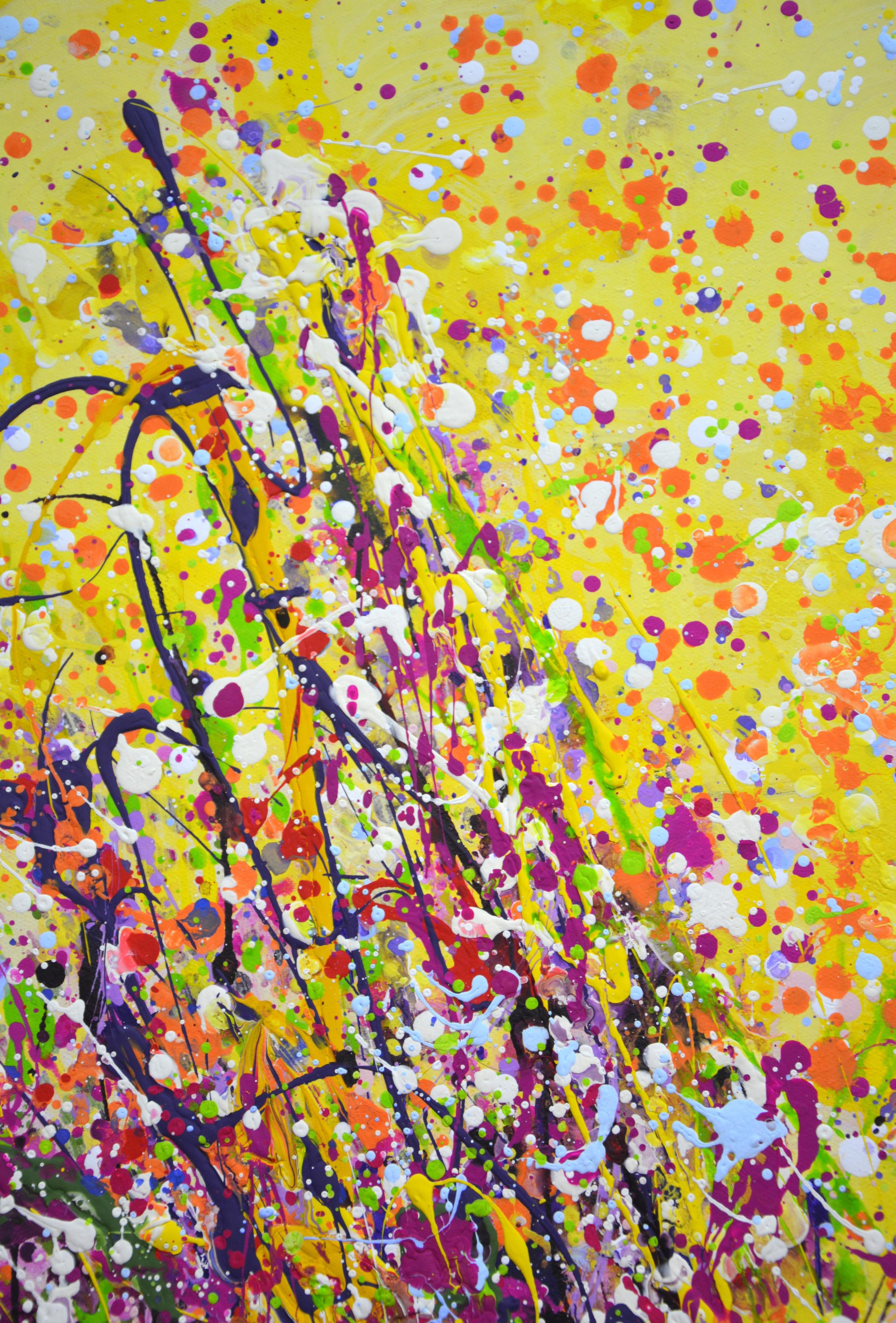 Stravaganza rosa. La vacanza dei fiori rosa in una giornata estiva crea un'atmosfera di relax, armonia e beatitudine. Espressionismo astratto. Il quadro è stato dipinto utilizzando la tecnica del dripping e degli schizzi di vernice sulla tela. La