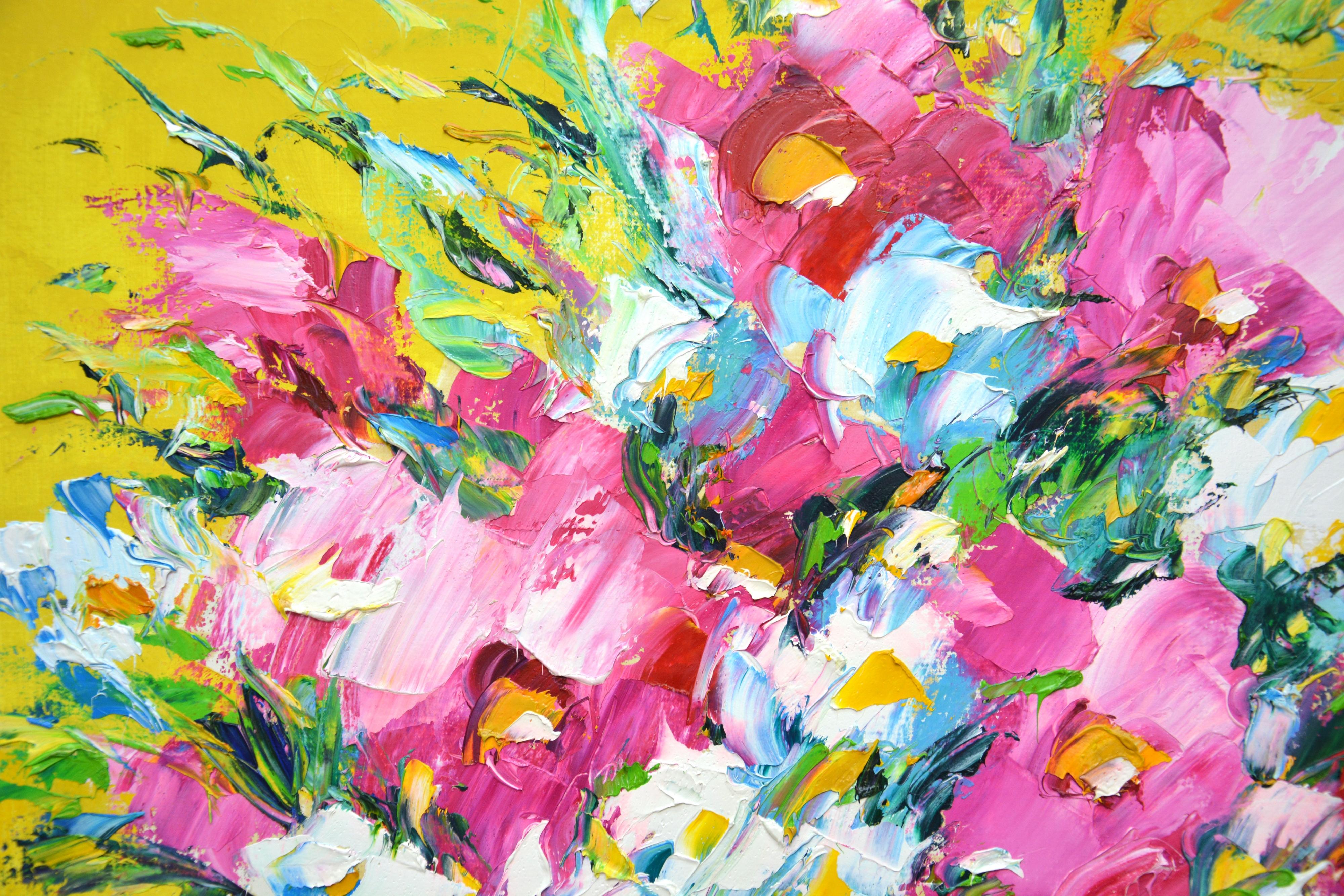 A summer bouquet of bright white, pink, flowers is presented on an abstract yellow background. When the eye moves from the center of the image to the edges, the flowers turn into a colorful gamut of abstract strokes that create tremendous energy in