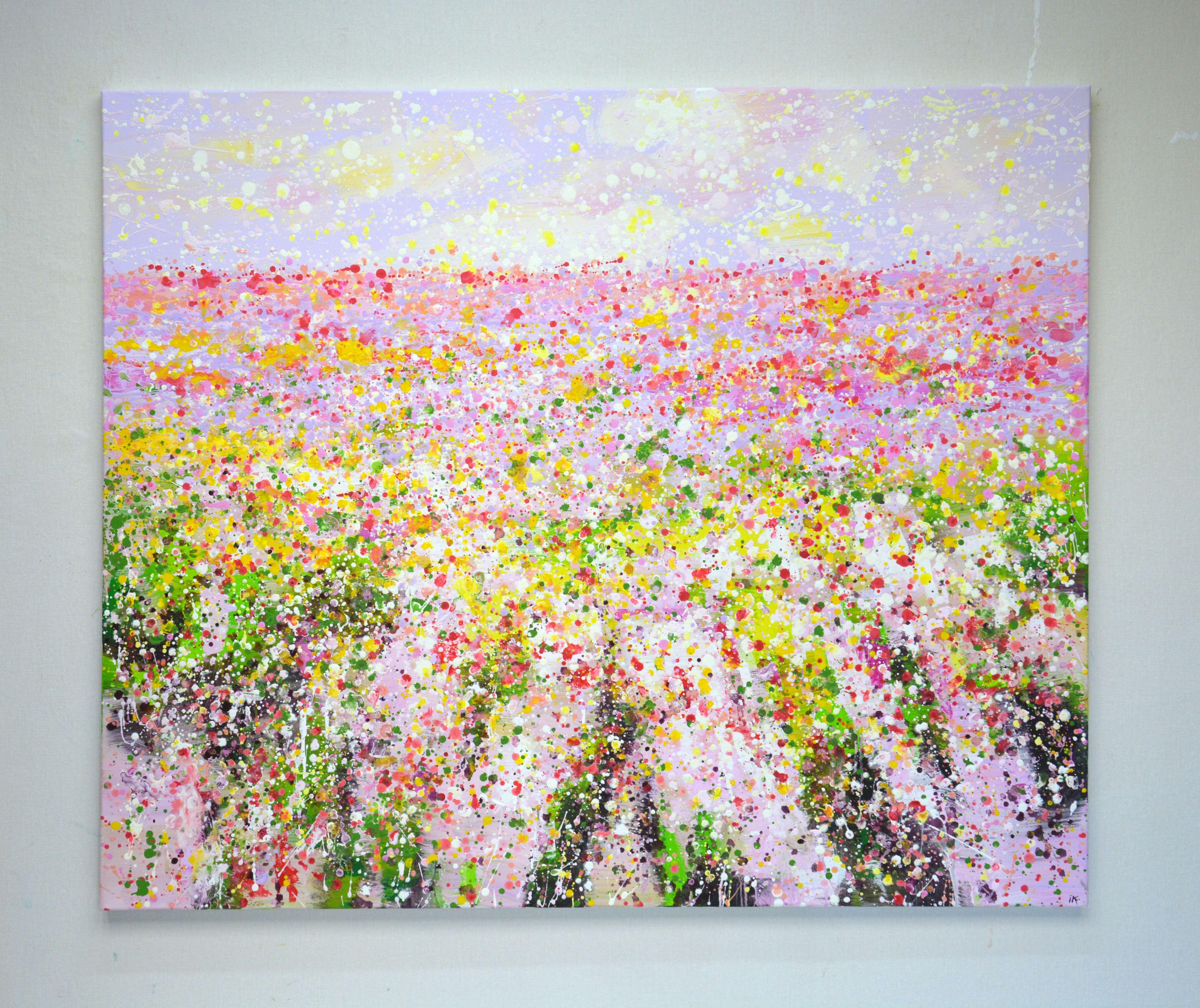 Pink flower field. Summer landscape: a pink field, a celebration of bright flowers and herbs on a summer day creates an atmosphere of relaxation, harmony and bliss. Abstract expressionism. The painting was painted using the technique of dripping and