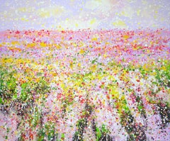 Pink flower field., Painting, Acrylic on Canvas