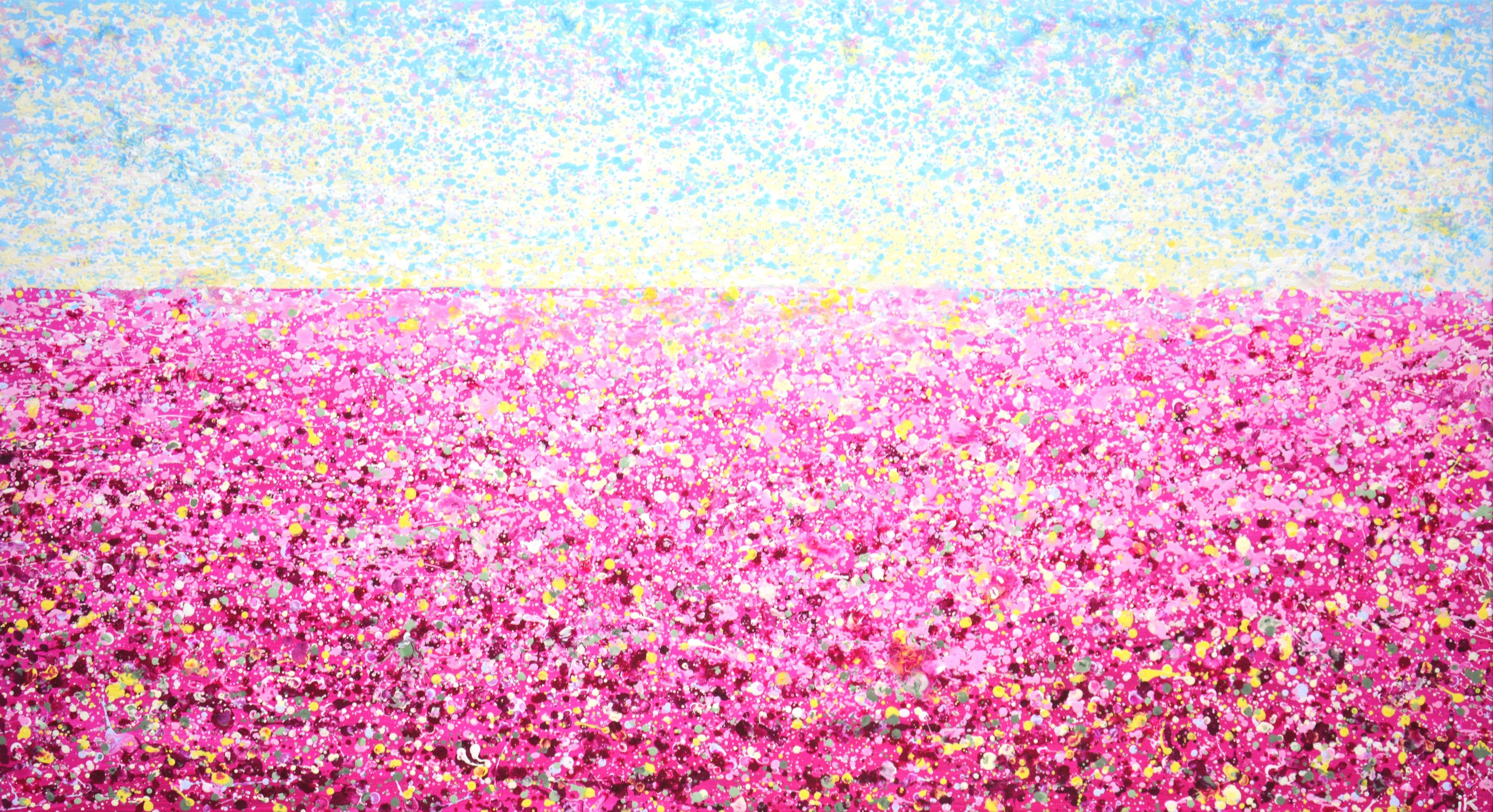 Pink ... Modern, expressive, landscape with a pink flower field. A painting created with dripping and splashing paint that sparkles and shimmers! Lots of pink, yellow, dark pink, light blue, white drops on a pink background.  The picture is of good