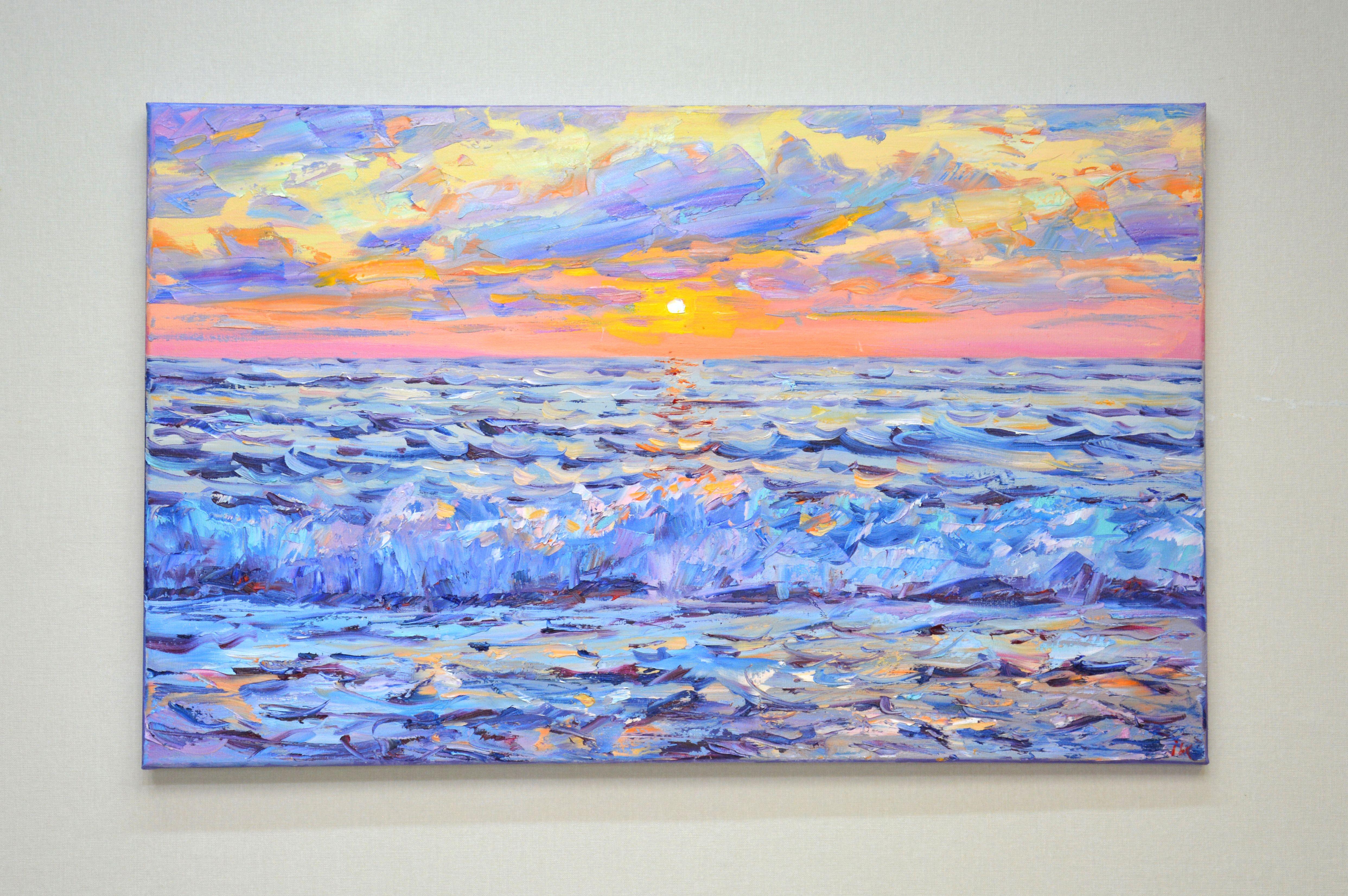Pink sunset on the sea, Painting, Oil on Canvas For Sale 1