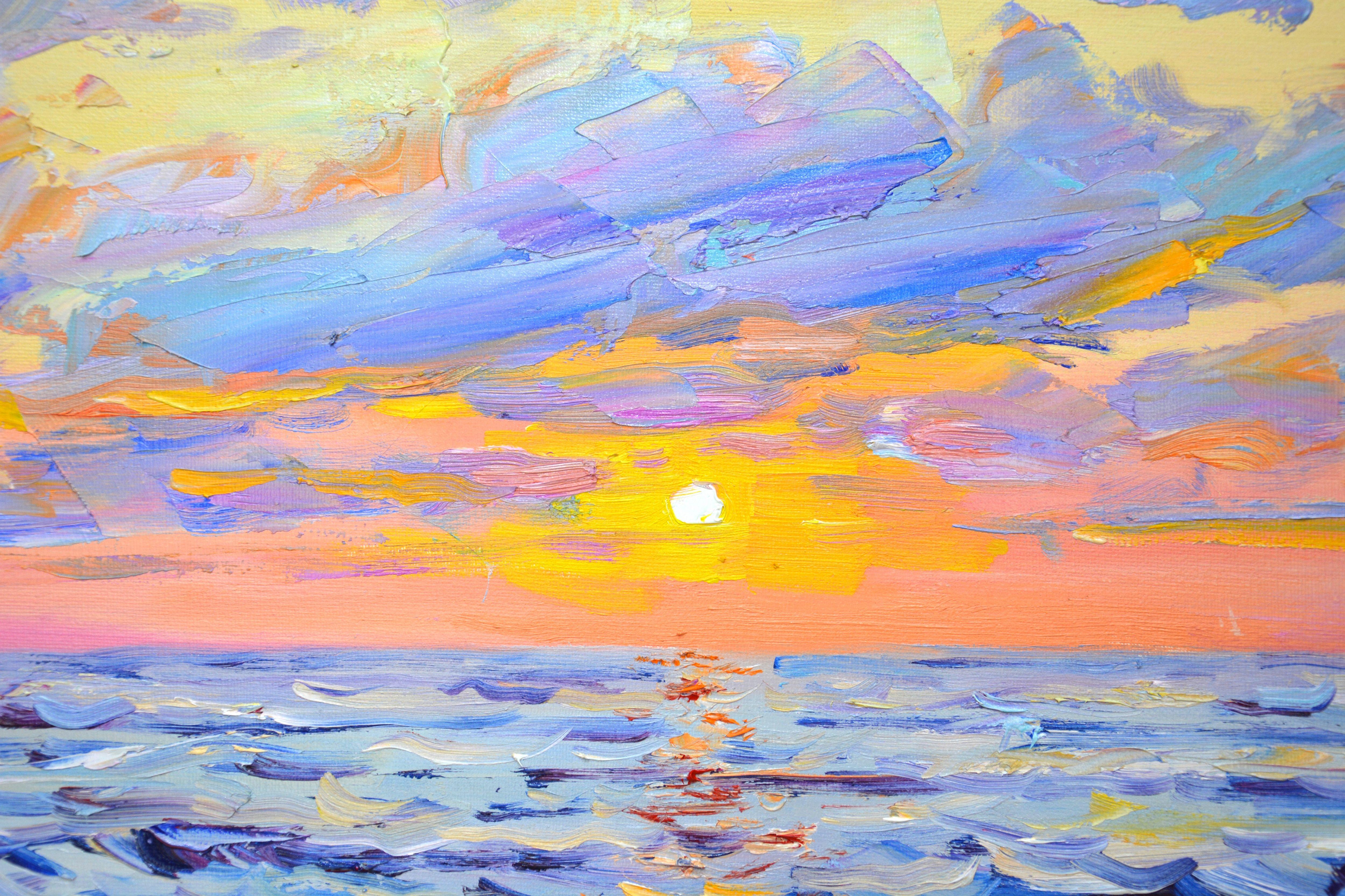 Das Meer, der Sonnenuntergang über dem Wasser, der Himmel, die Wellen, der Meeresschaum und die ruhige Aussicht schaffen eine Atmosphäre der Romantik und Entspannung. Impressionismus. Das Werk ist ausdrucksstark mit Pinsel und Spachtel geschrieben. 