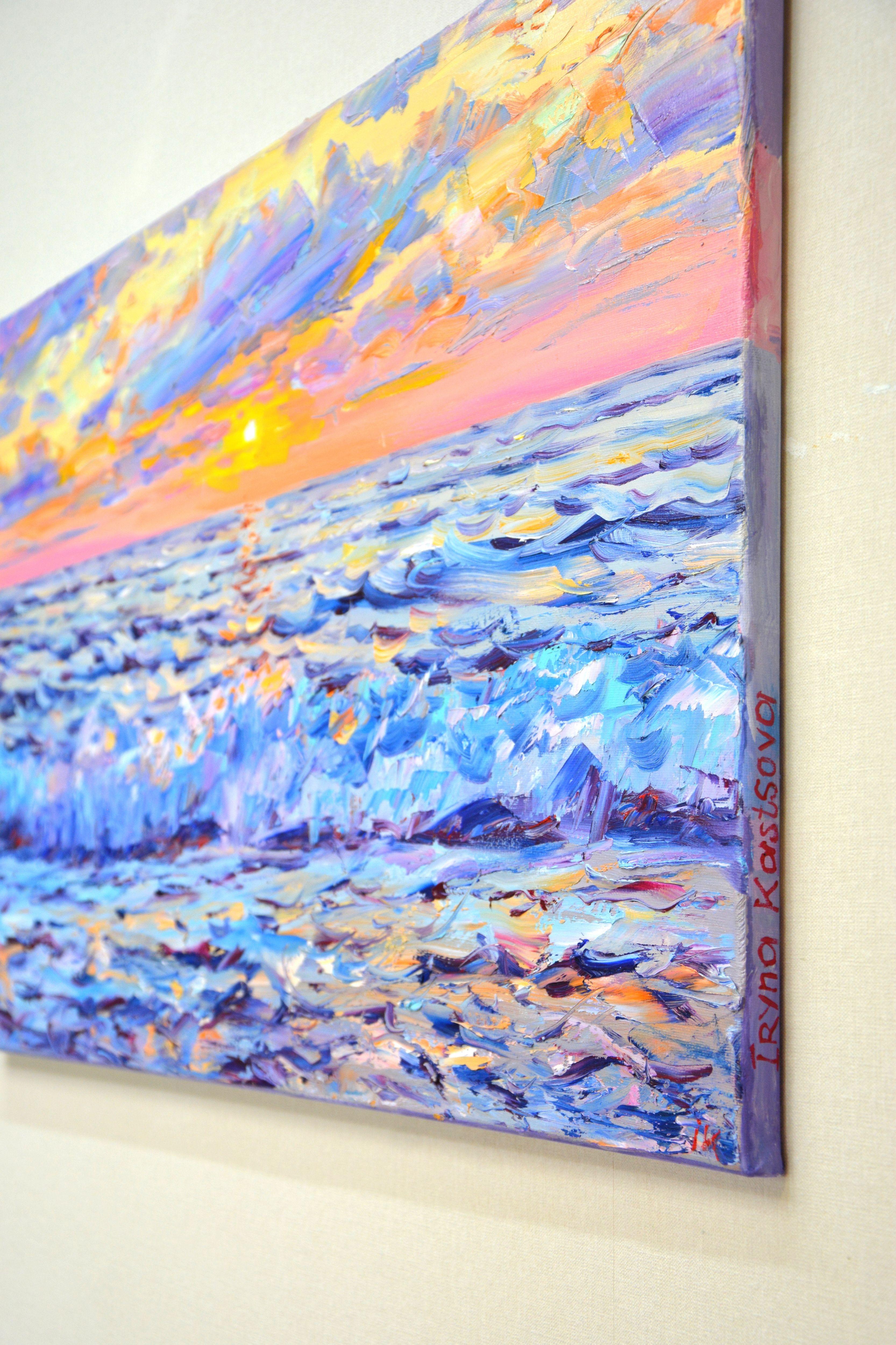 Rosa Sonnenuntergang auf dem Meer, Gemälde, Öl auf Leinwand im Angebot 2