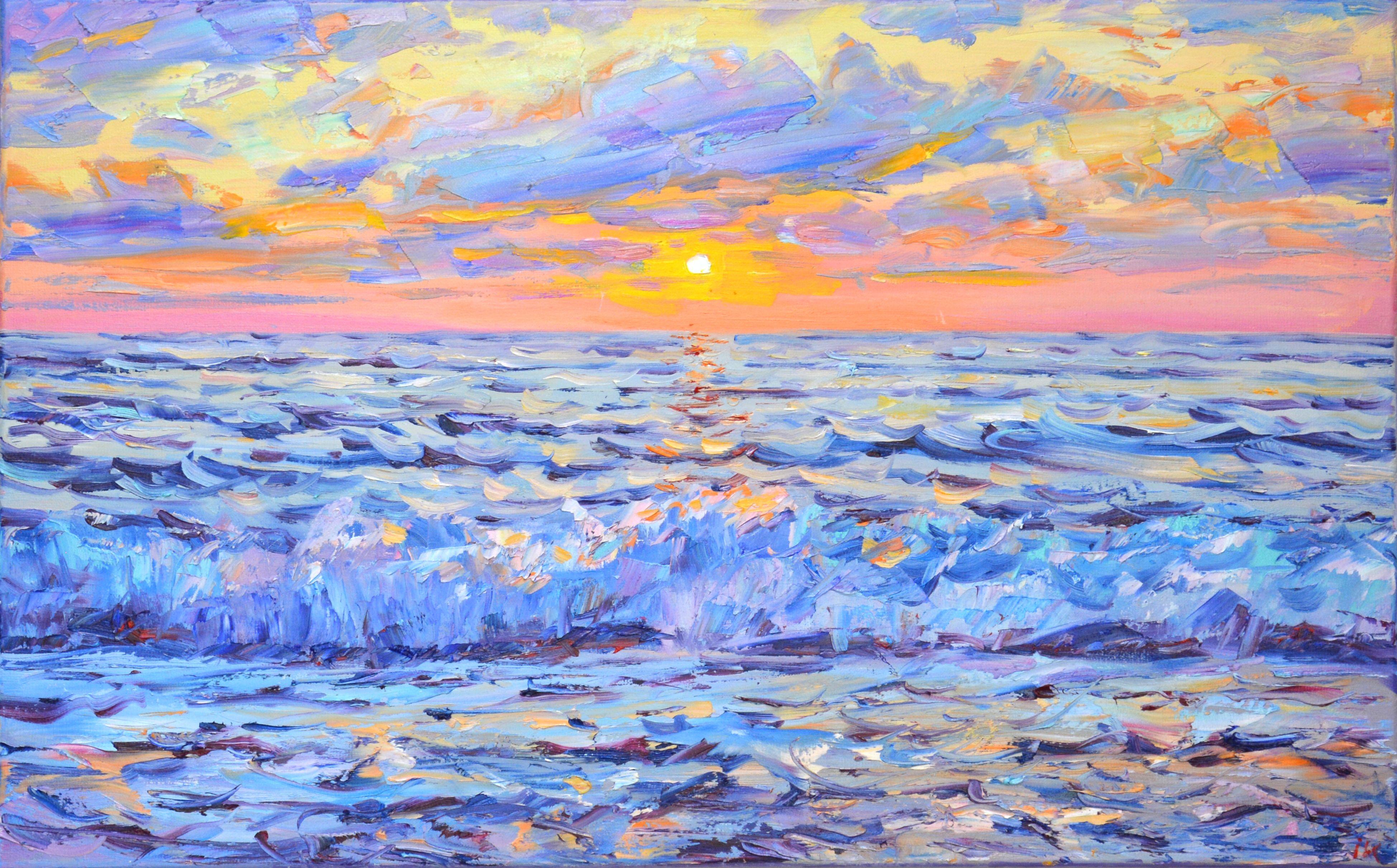 The ocean, sunset over the water, sky, waves, sea foam, serene views create an atmosphere of romance and relaxation. Impressionism. The work is written expressively using brushes and a palette knife.  Part of an ongoing series of seascapes that