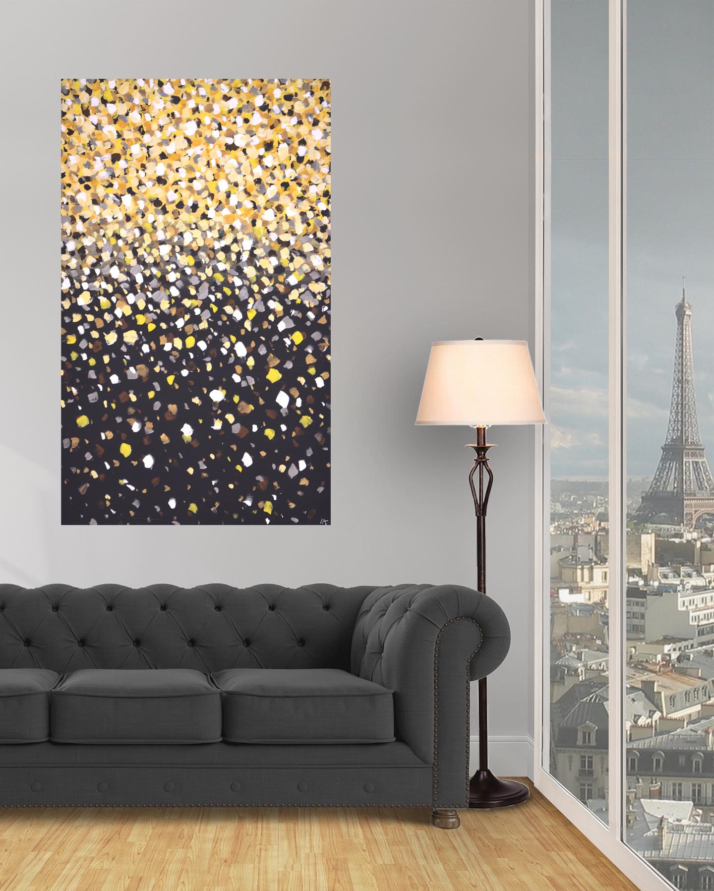 Poantillism. Glare. Interior Painting Modern Design with Black Gold Yellow Dots 11