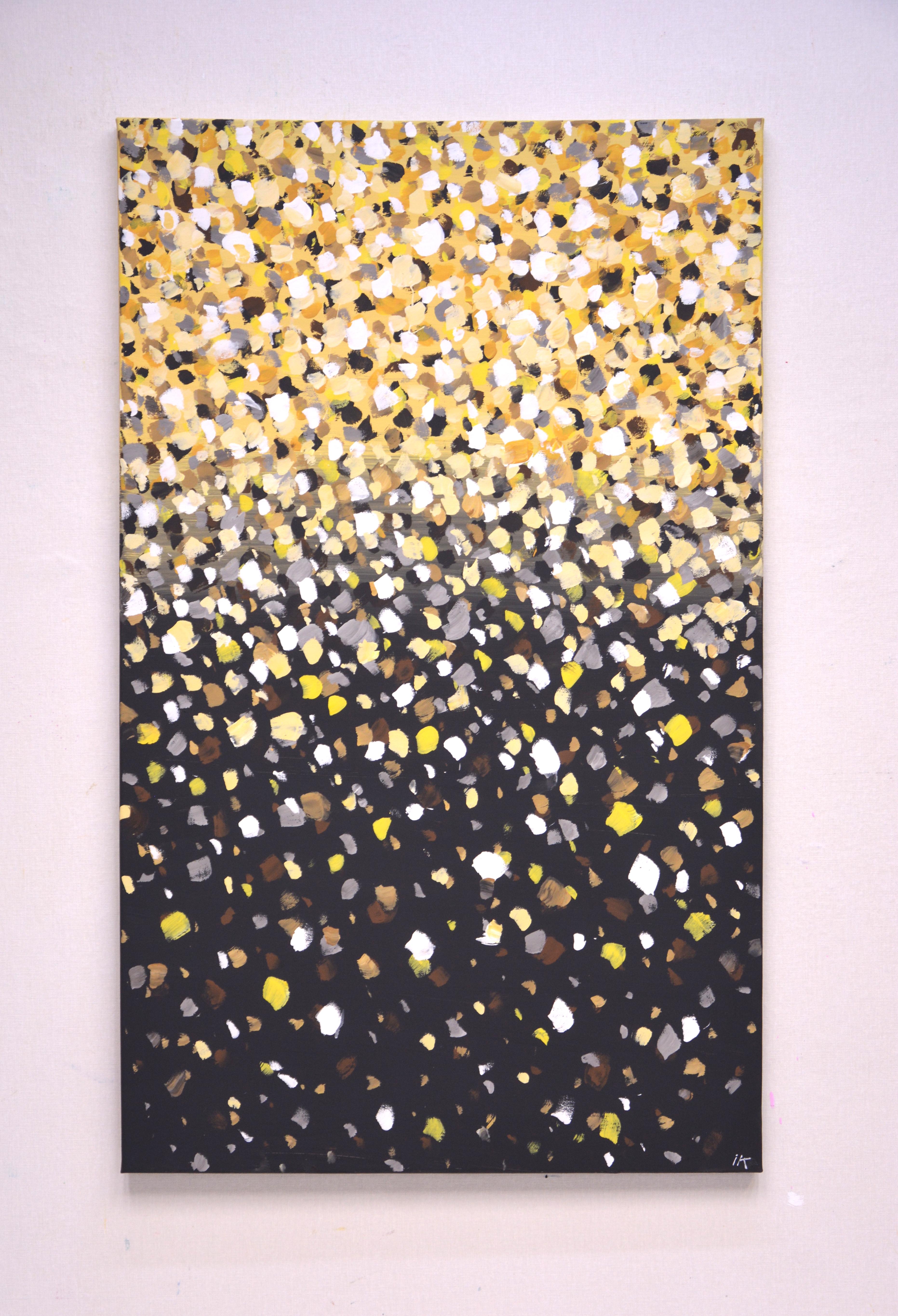 Poantillism. Glare. Modern expressive abstract painting that sparkles and shimmers! Colors are superimposed on each other and also correspond to different points. On a black background, there are many warm, ocher white, golden dots that fall from