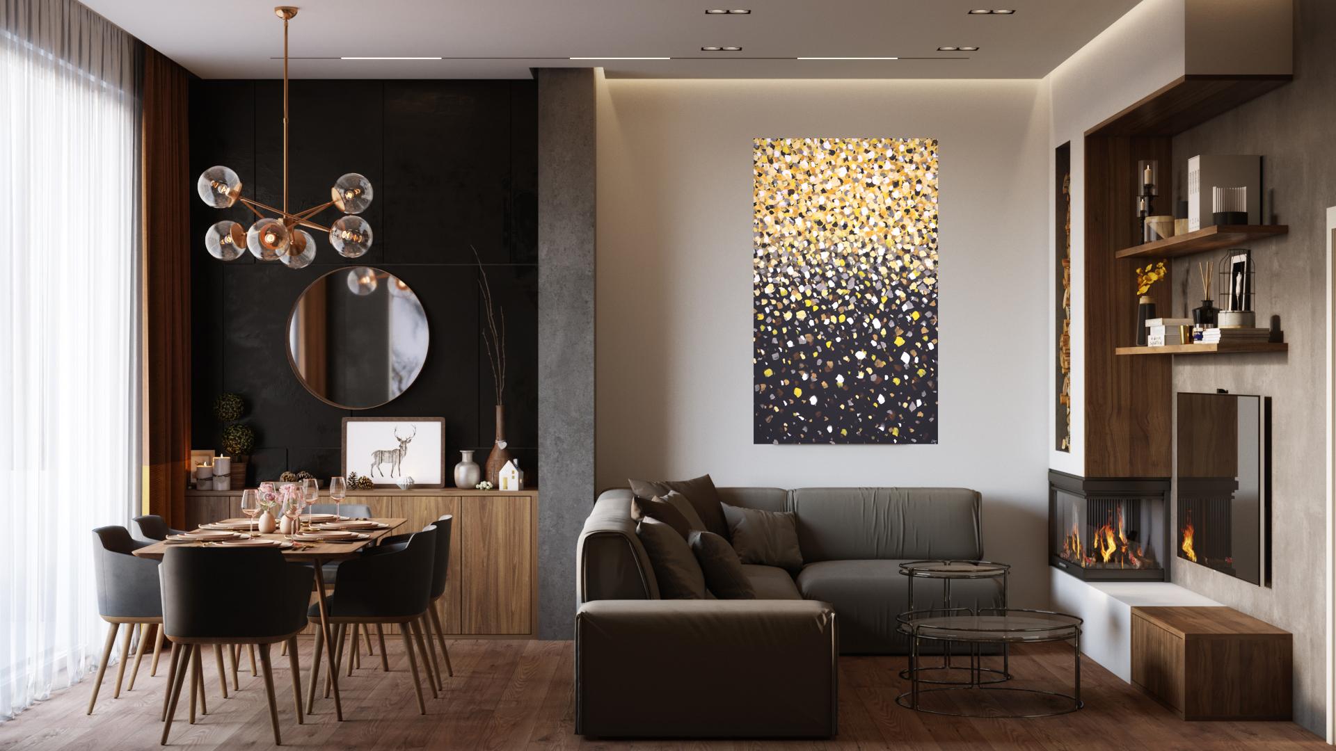 Poantillism. Glare. Interior Painting Modern Design with Black Gold Yellow Dots 6
