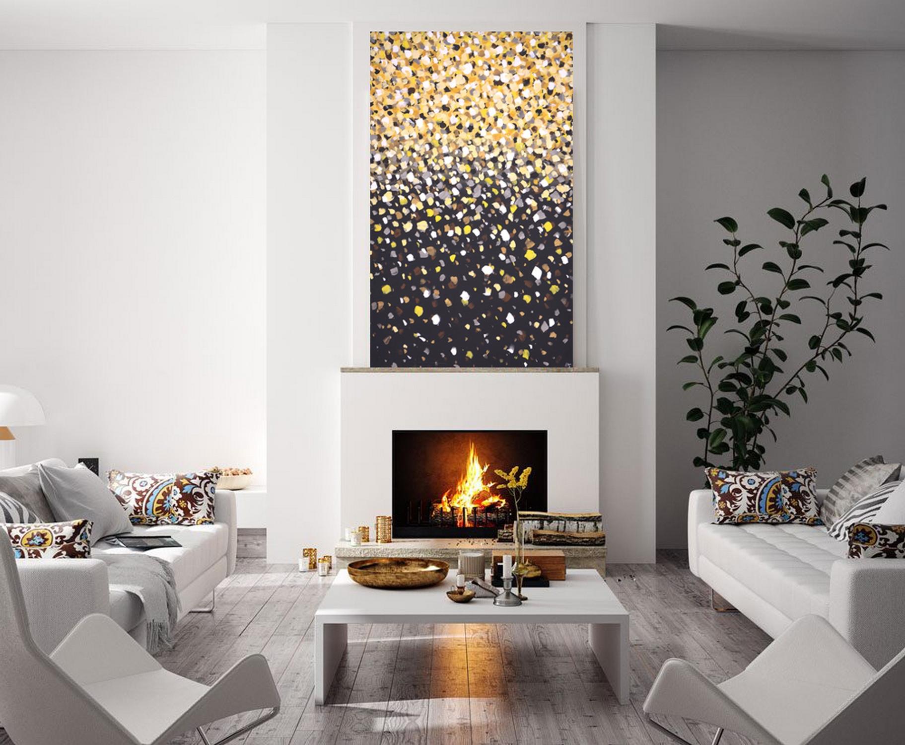 Poantillism. Glare. Interior Painting Modern Design with Black Gold Yellow Dots 7