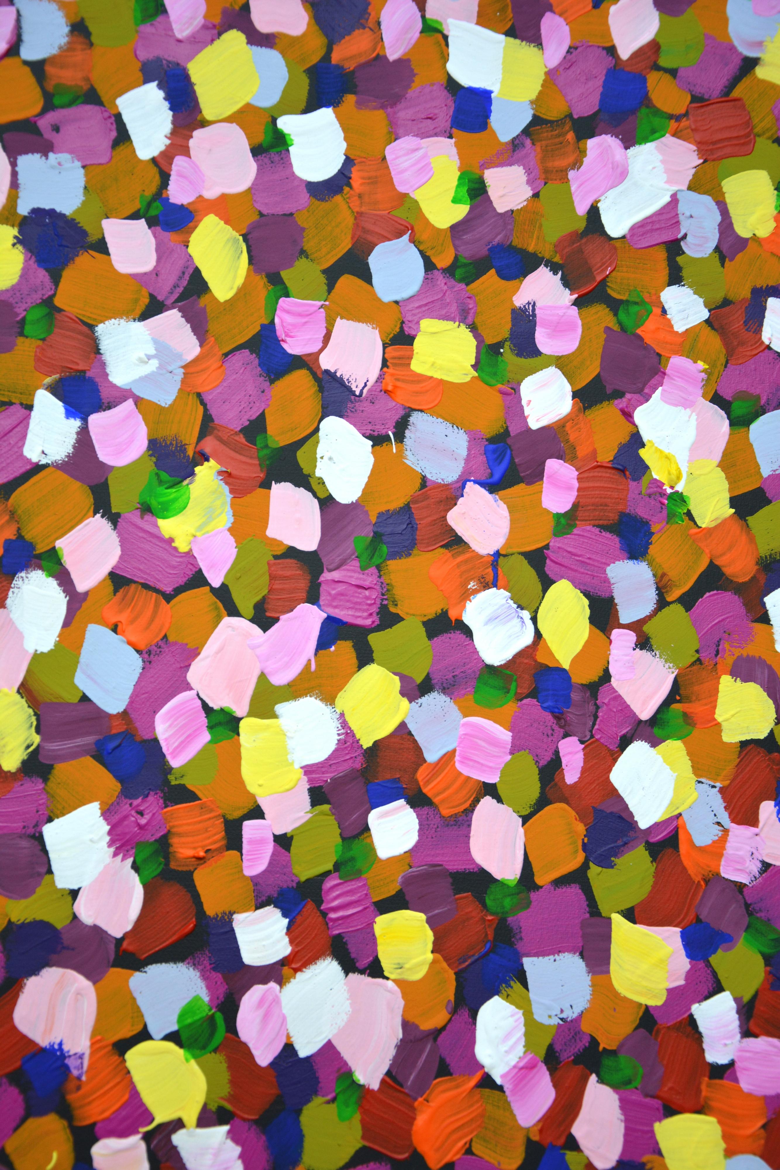 Puntinismo 6. Un quadro astratto moderno creato con pennellate che brillano e scintillano! Tante gocce colorate, blu, gialle, verdi, rosse, rosa, bianche, su uno sfondo scuro.
Il dipinto è di buona qualità spaziale, pieno di energia positiva e i