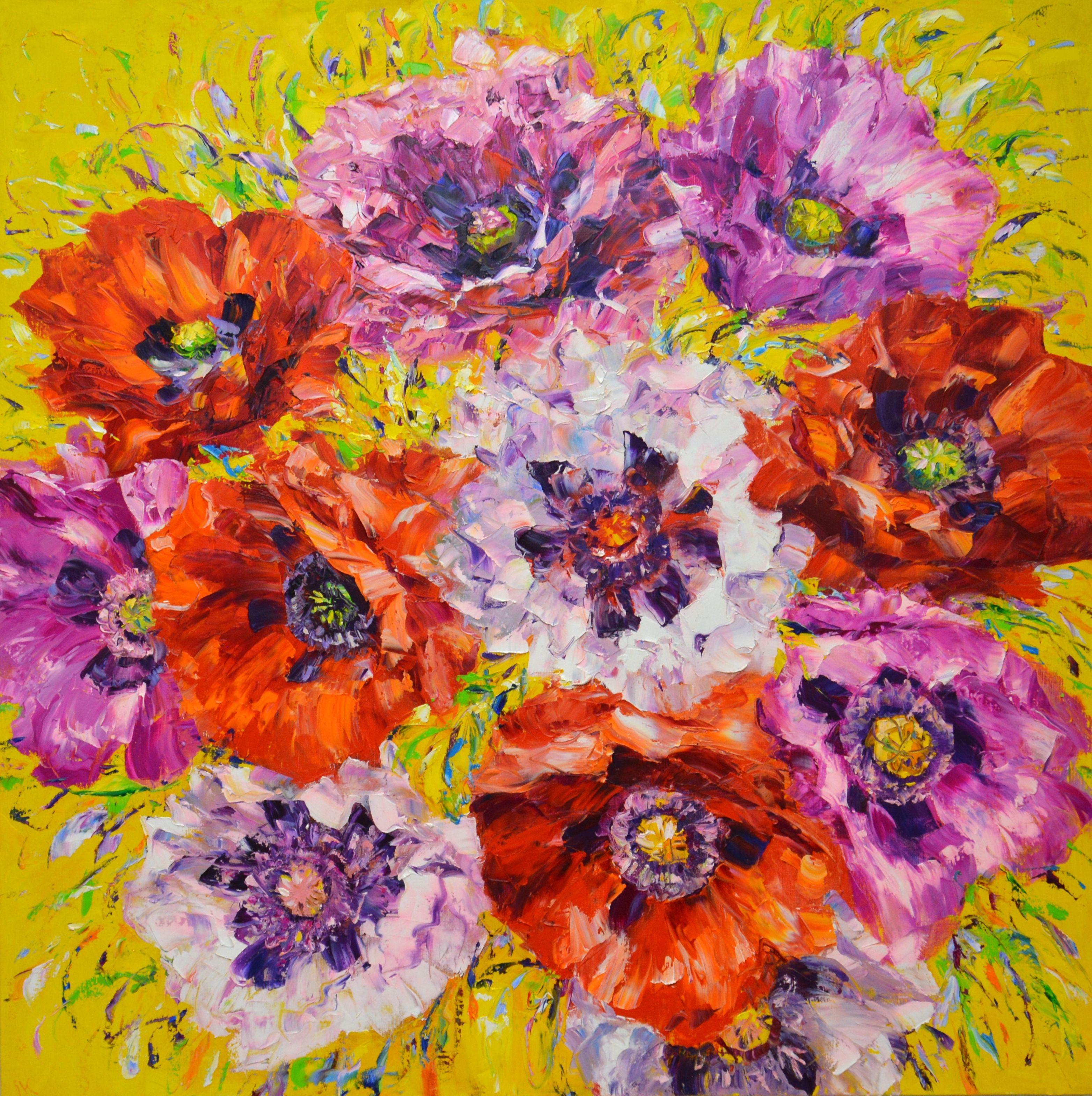Poppies: red, pink, white on a yellow background.  Part of an ongoing series of floral still lifes. The painting has good spatial quality, and bright colors cause childish happiness. In the style of impressionism, palette knife. The painting