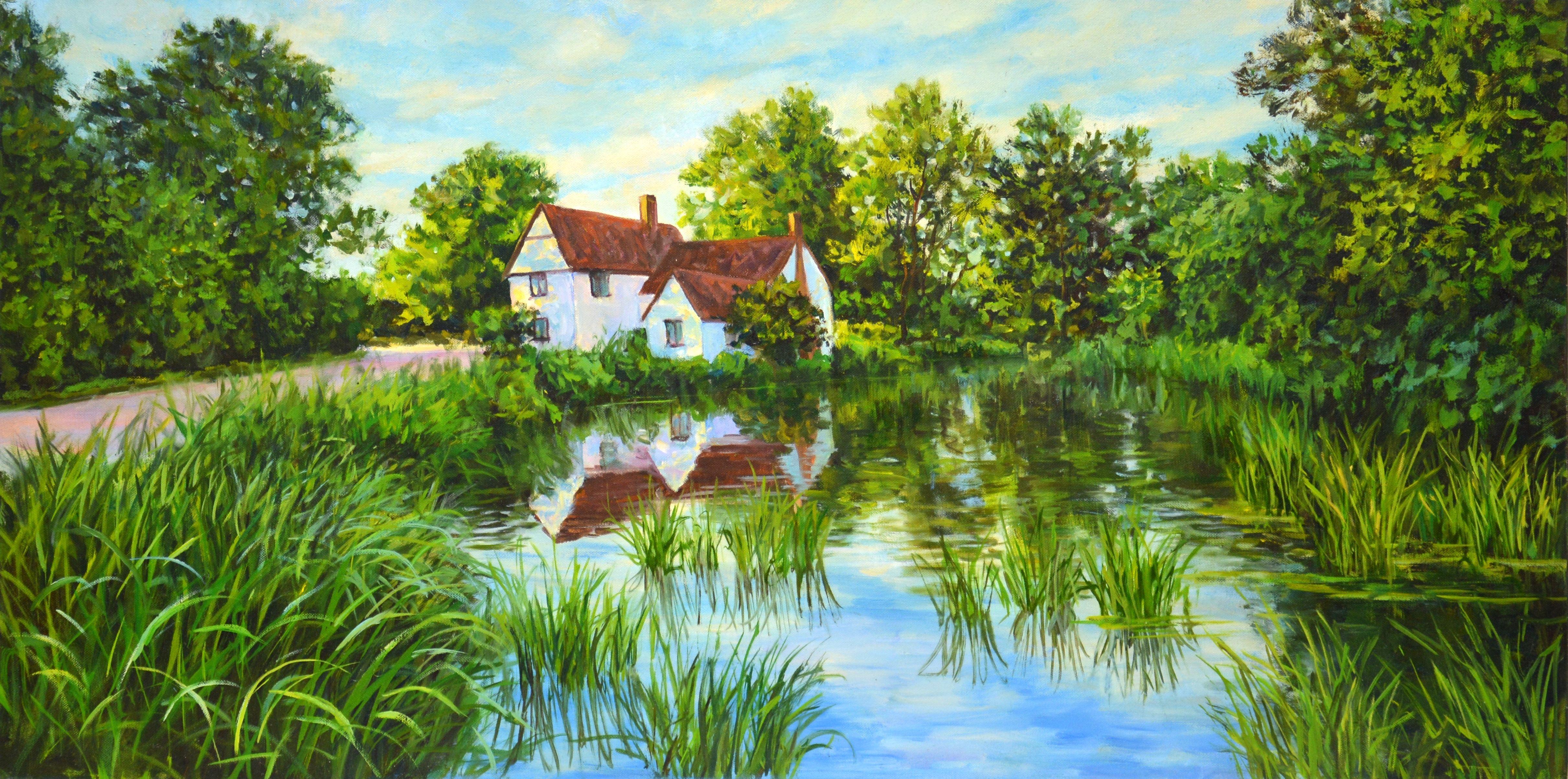 English landscape. English house by the river, grass, trees, sky with clouds, summer landscape. Realism. A saturated palette of green, white, blue, emphasize the energy of summer. The picture has a good spatial quality, and the colors cause childish